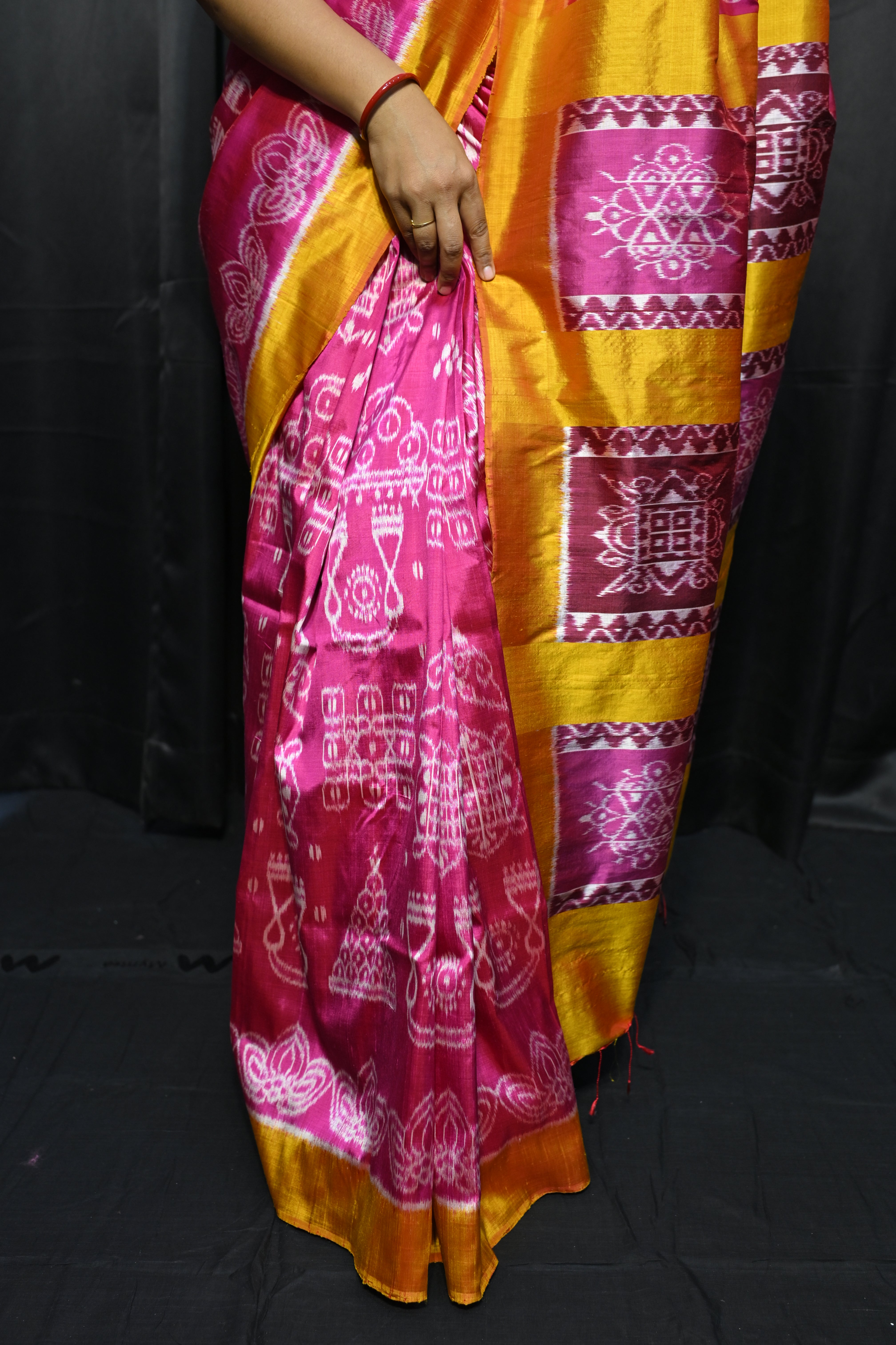 Magenta Yellow Laxmi Pada Chita Design Mulberry Silk Saree