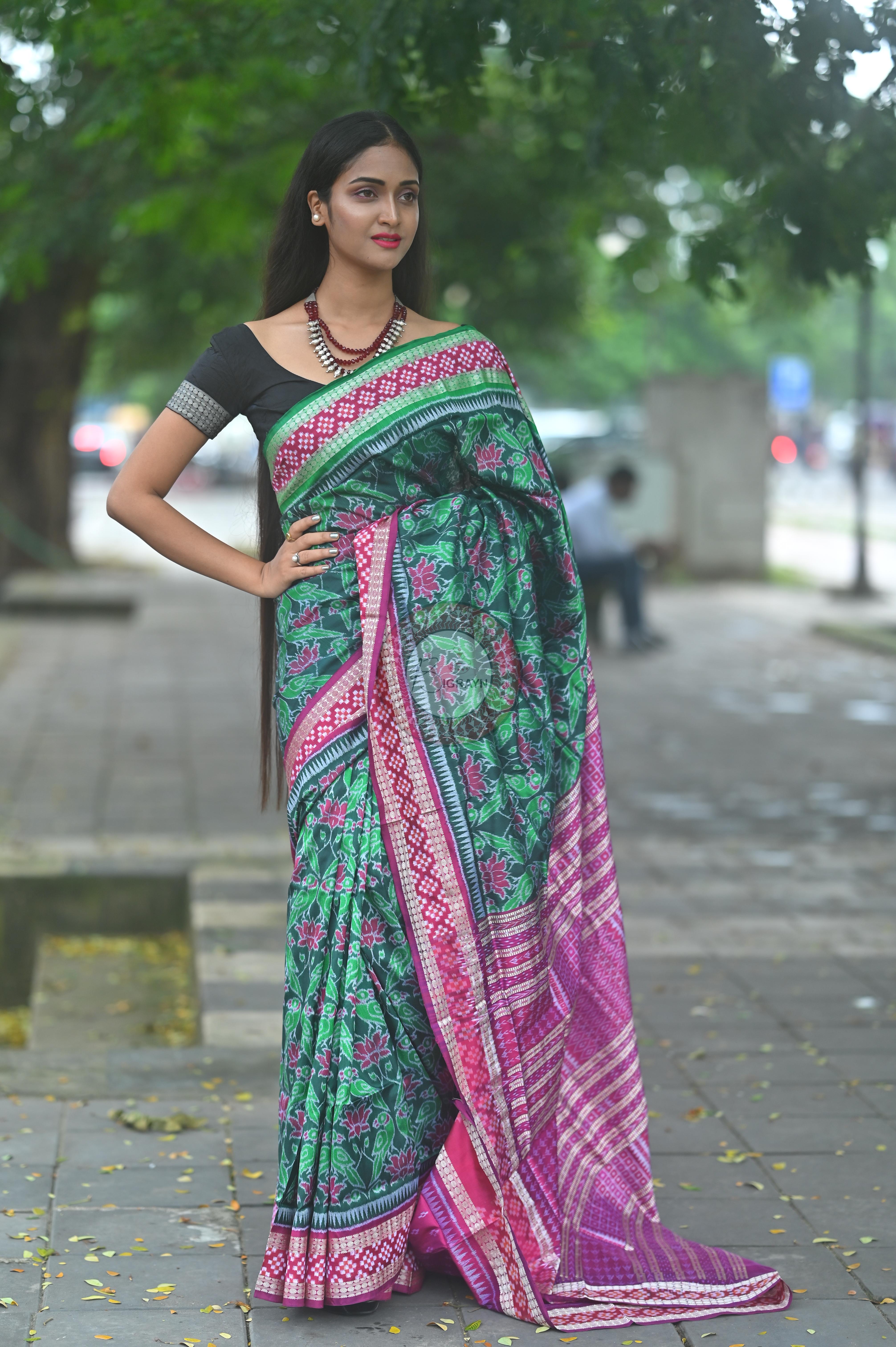 Green Magenta Lotus & Parrot Special Sambalpuri Silk Saree