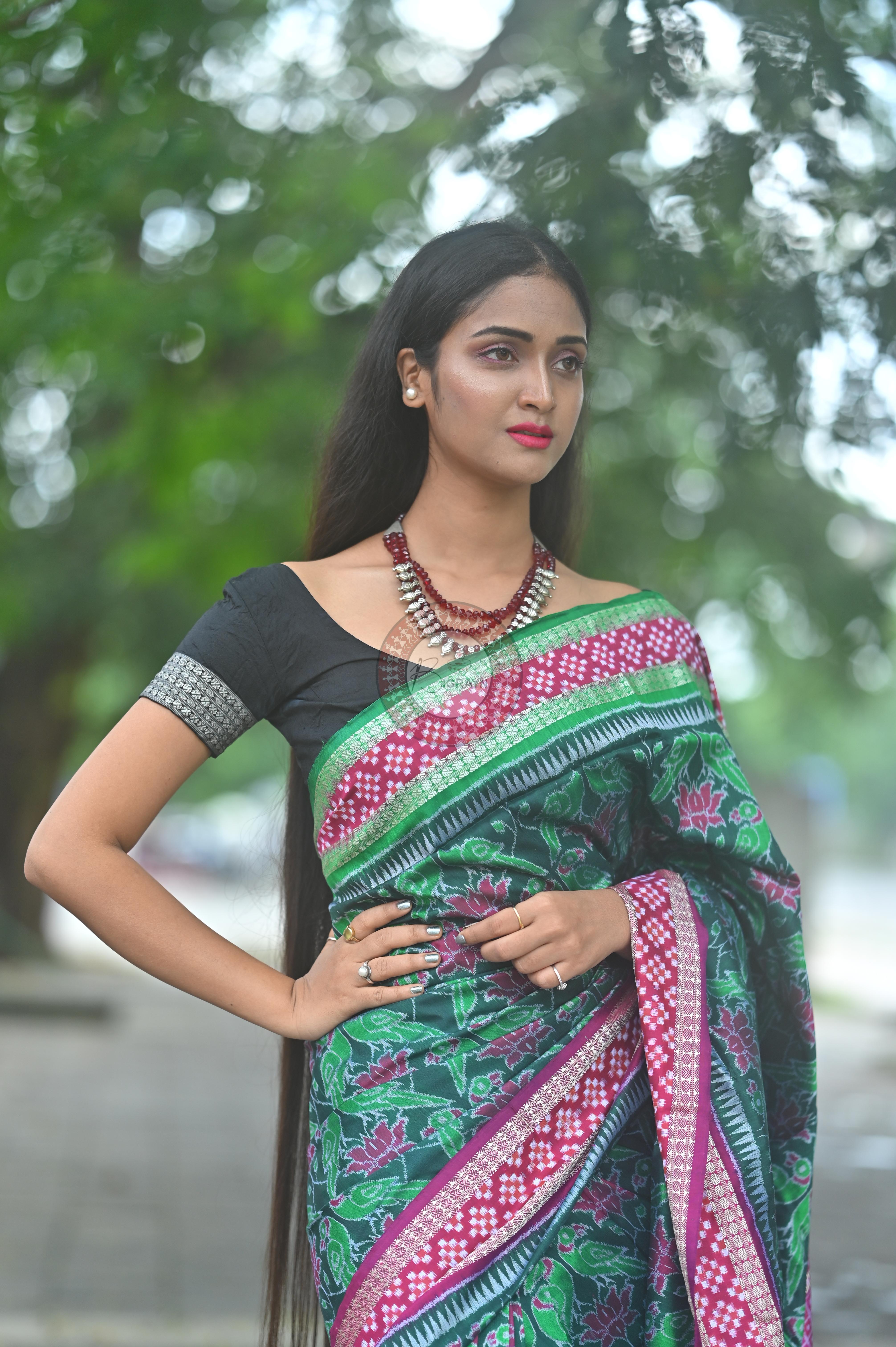 Green Magenta Lotus & Parrot Special Sambalpuri Silk Saree