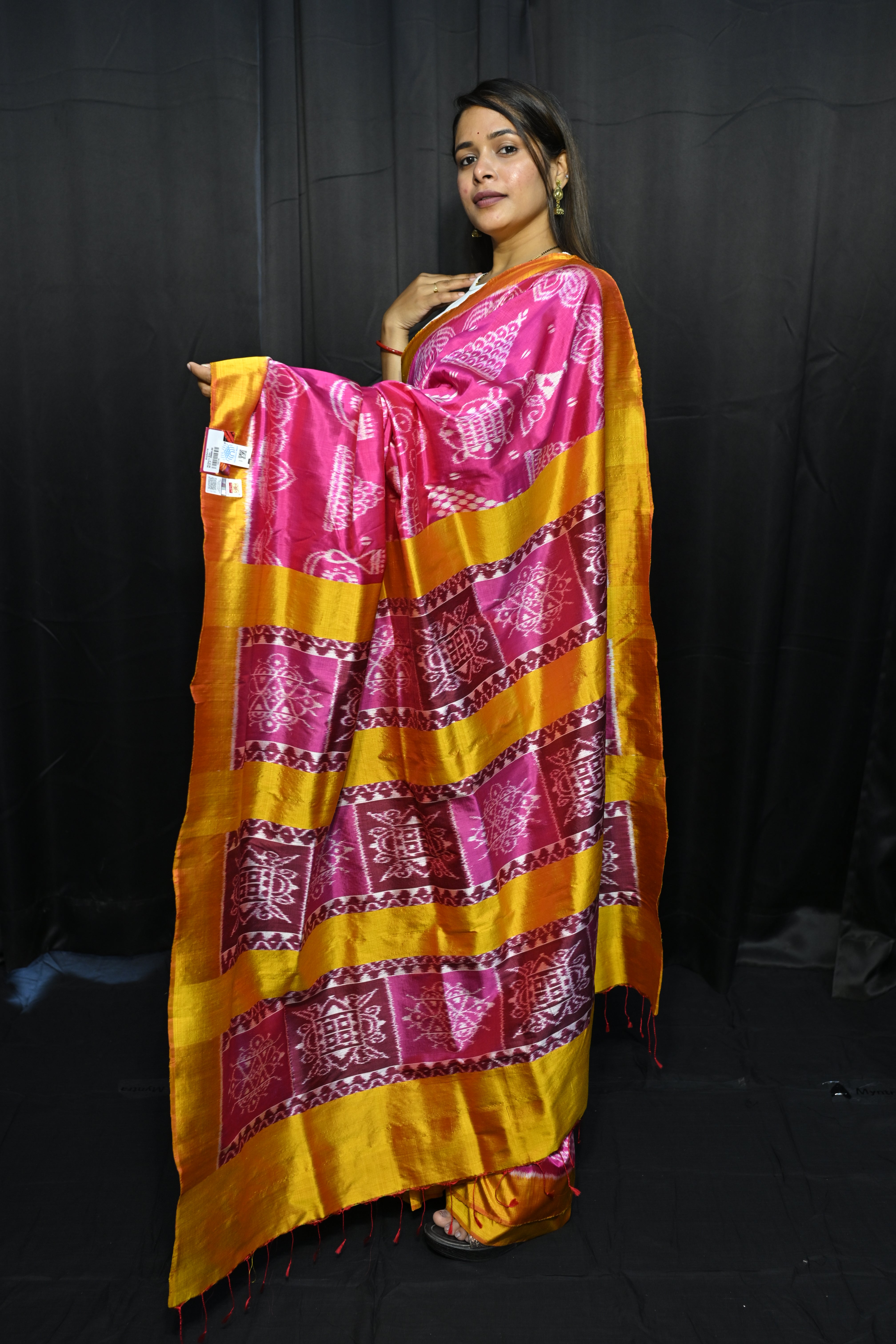 Magenta Yellow Laxmi Pada Chita Design Mulberry Silk Saree