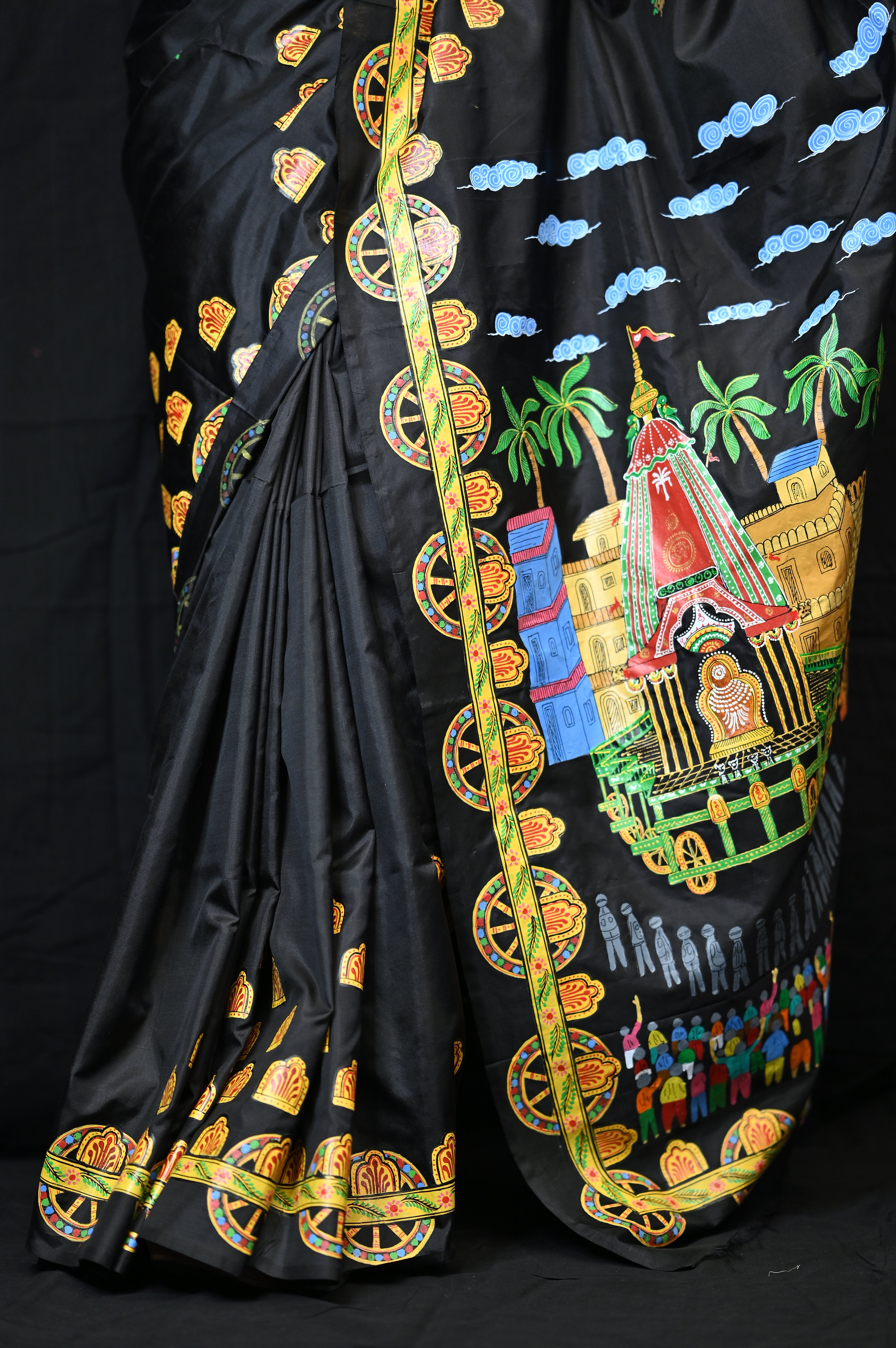 Black Ratha Yatra Theme Pattachitra Khadi Silk Saree