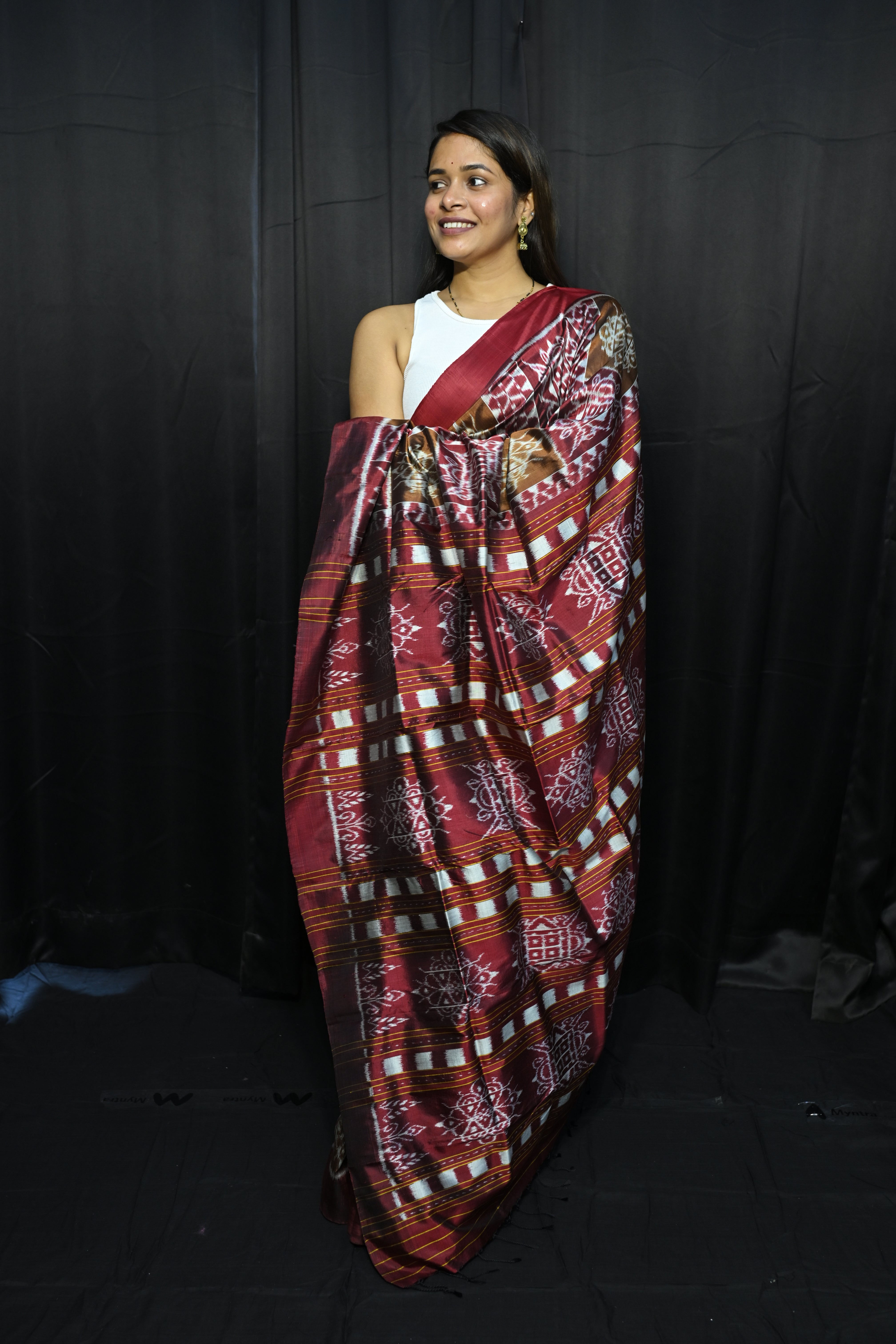 Olive Laxmi Yantra  Chita Design Mulberry Silk Saree