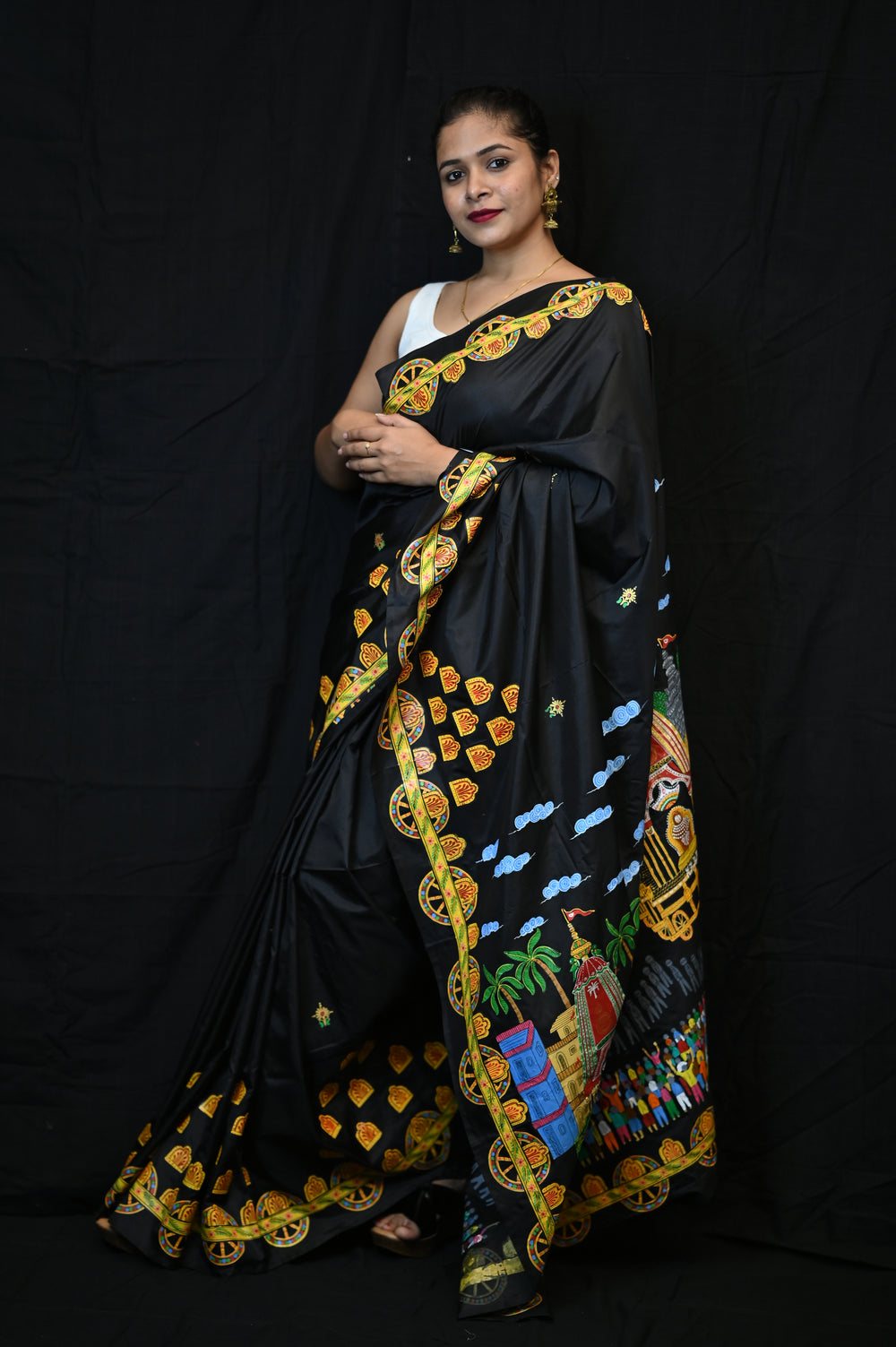 Black Ratha Yatra Theme Pattachitra Khadi Silk Saree