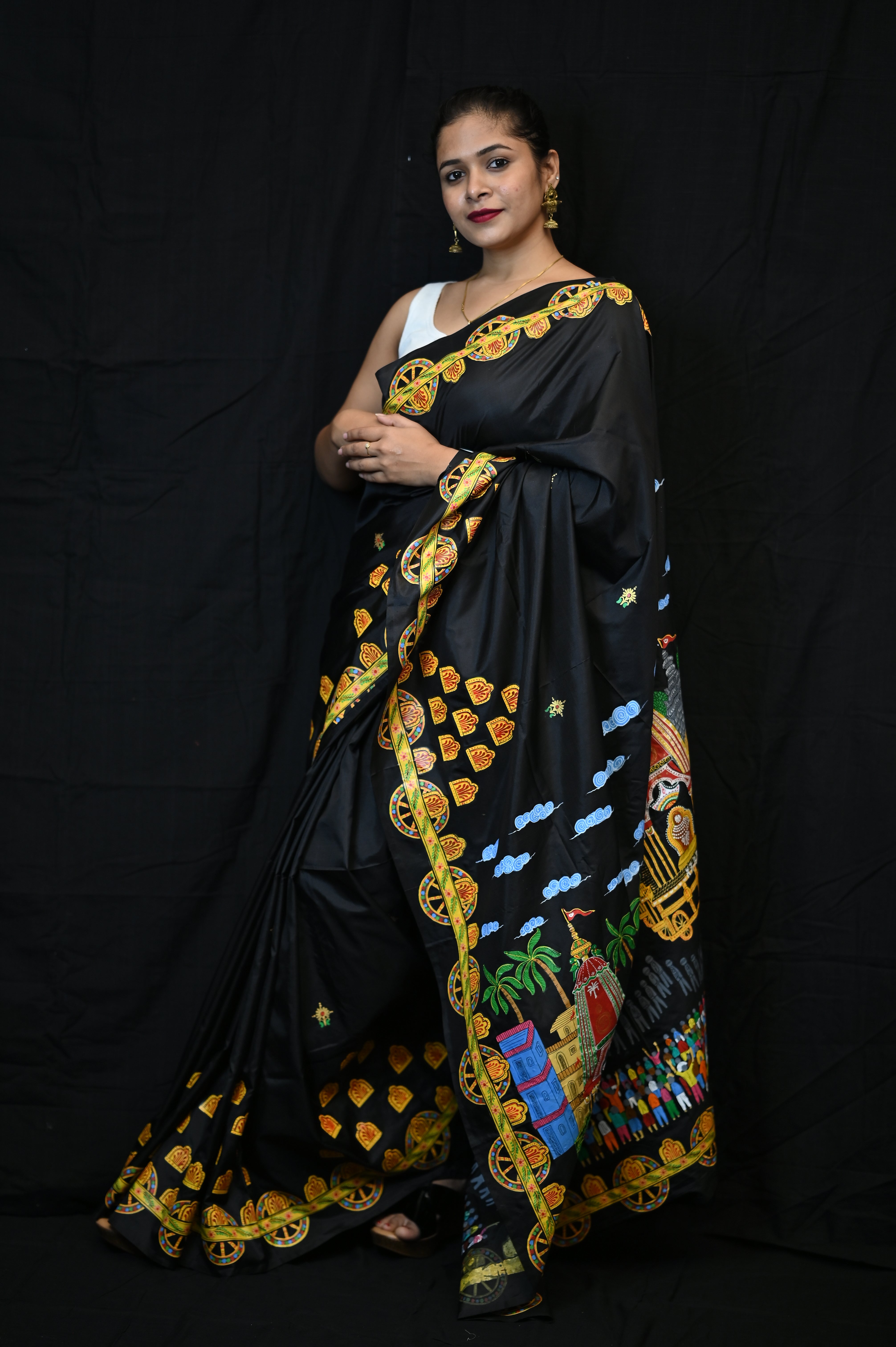 Black Ratha Yatra Theme Pattachitra Khadi Silk Saree