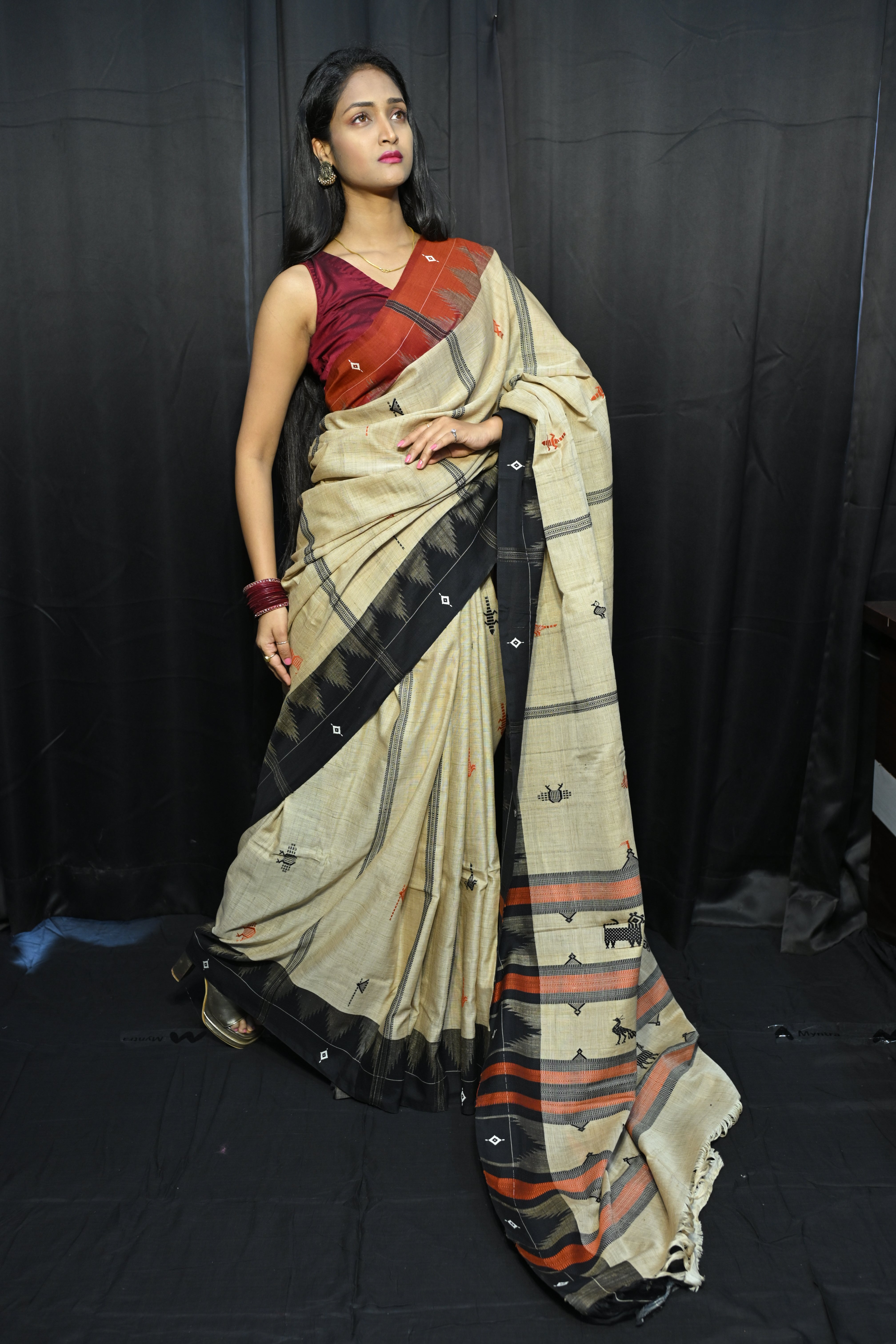 Natural Tussar Ganga Jamuna Plain Border Odisha Handloom Kotpad Tussar Saree