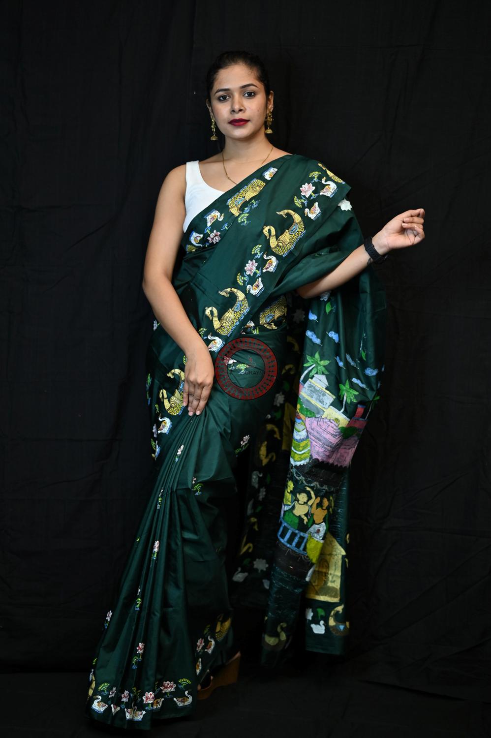 Green Boita Bandana Pattachitra Pure Silk Saree