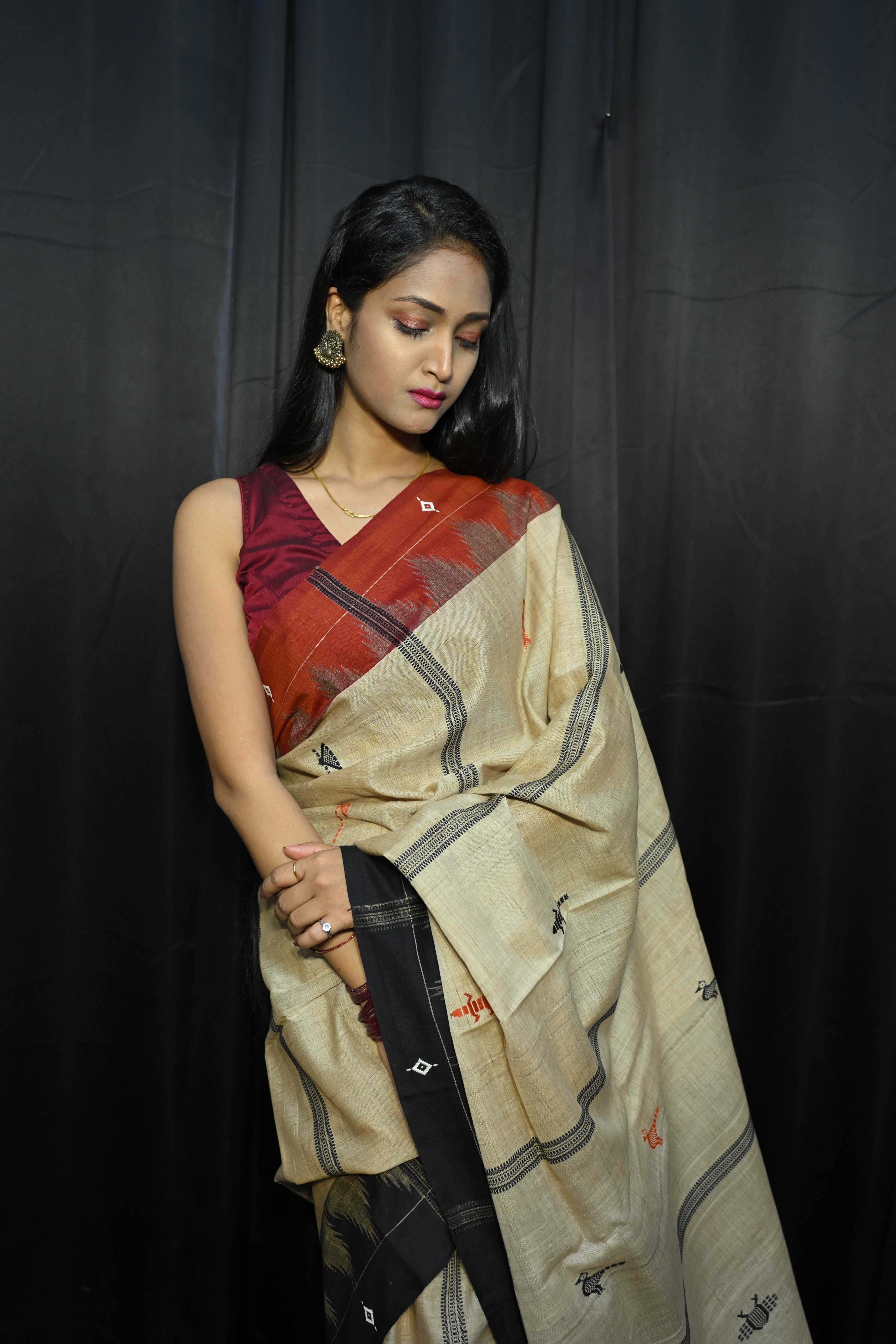 Natural Tussar Ganga Jamuna Plain Border Odisha Handloom Kotpad Tussar Saree