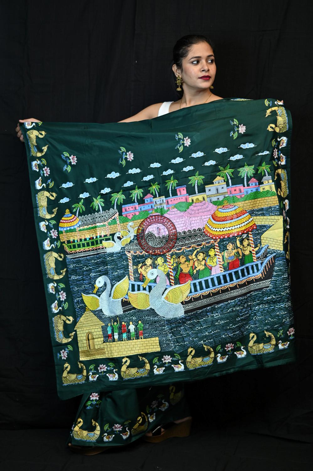 Green Boita Bandana Pattachitra Pure Silk Saree
