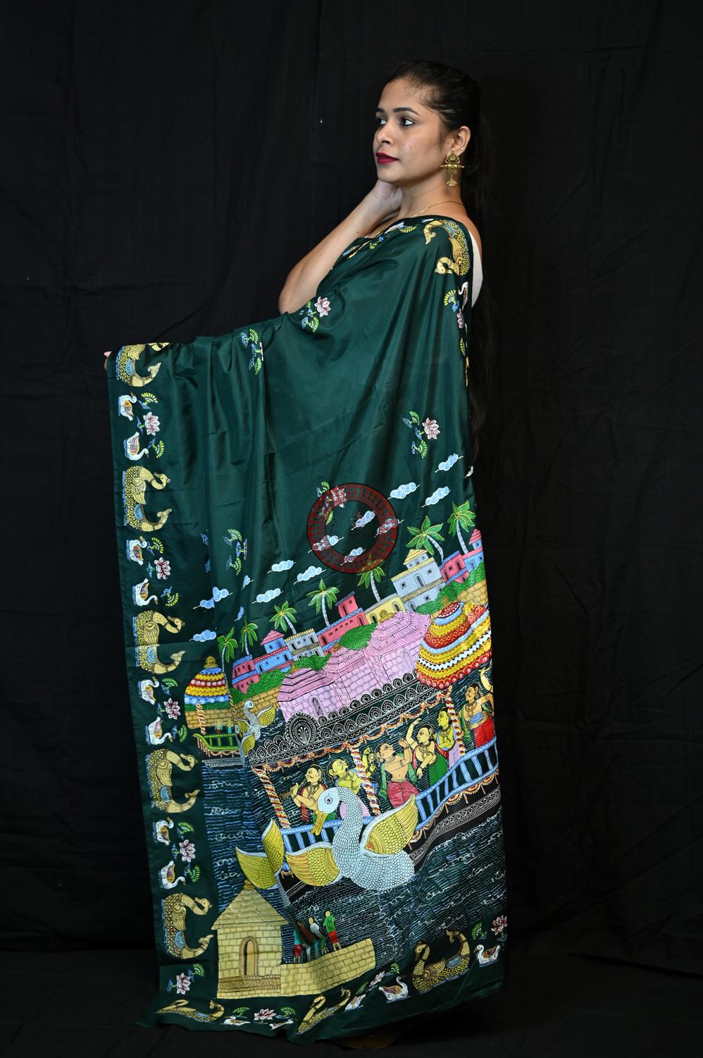 Green Boita Bandana Pattachitra Pure Silk Saree