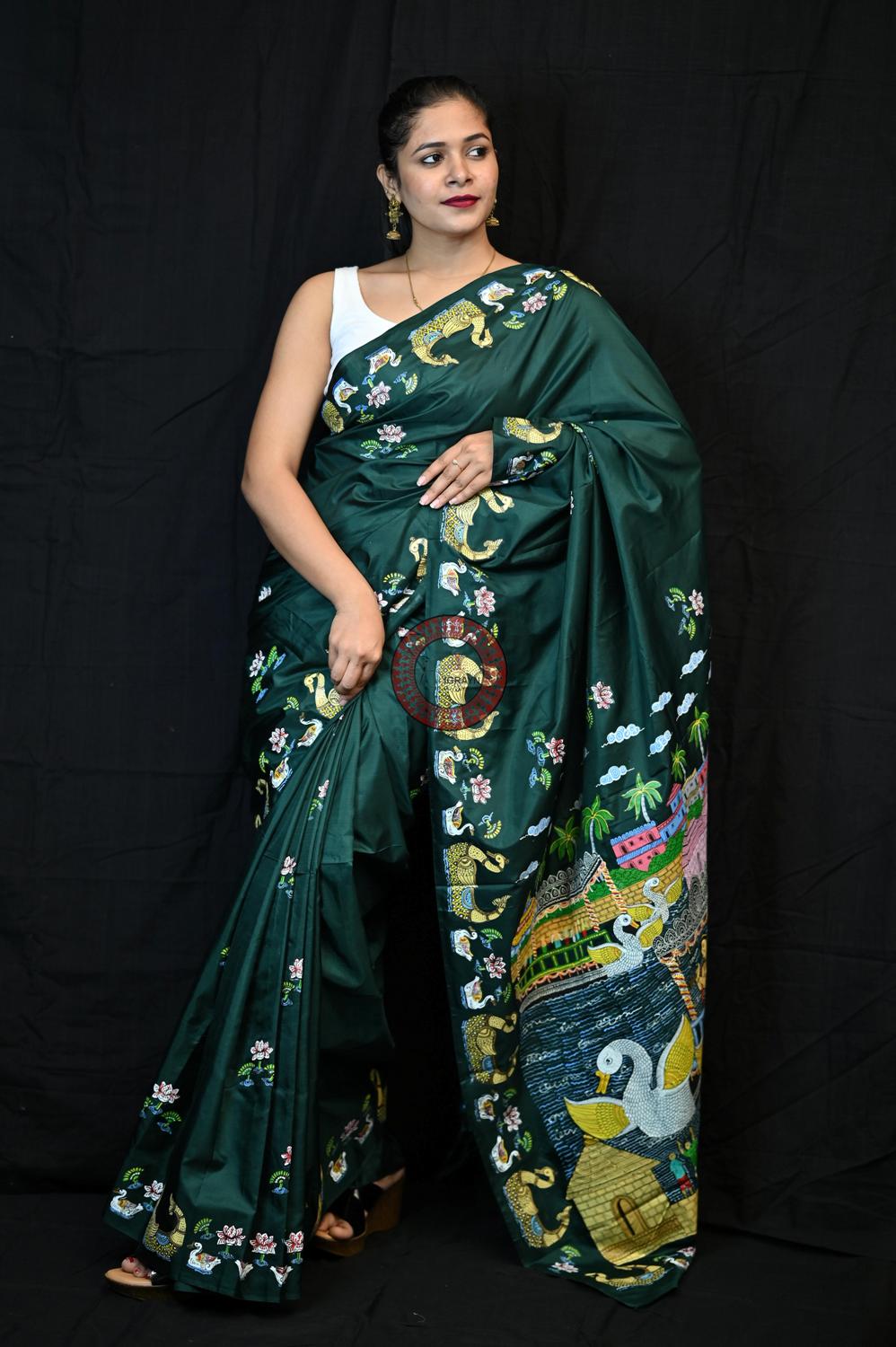 Green Boita Bandana Pattachitra Pure Silk Saree