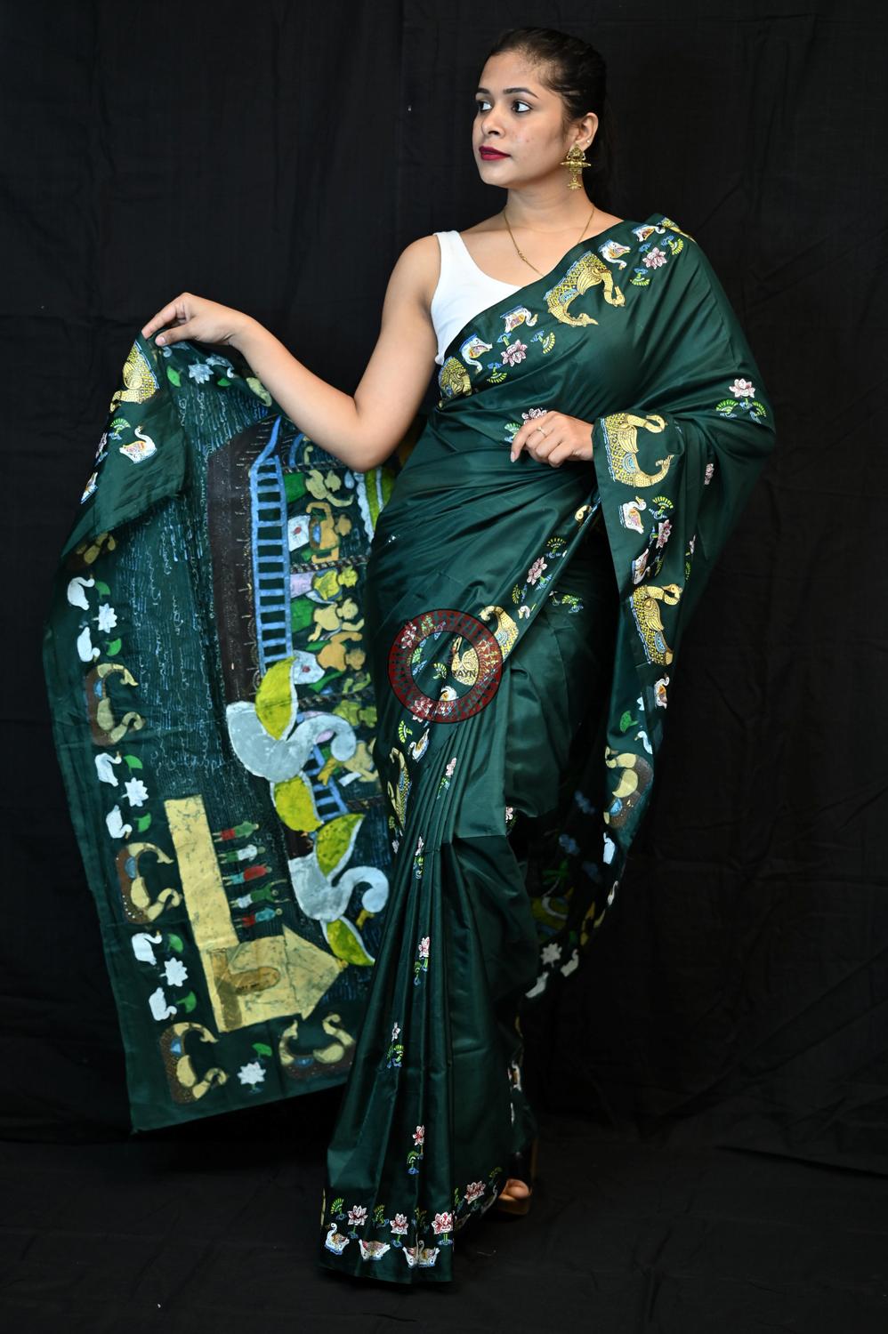 Green Boita Bandana Pattachitra Pure Silk Saree
