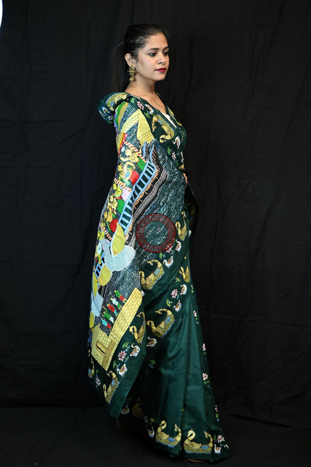 Green Boita Bandana Pattachitra Pure Silk Saree