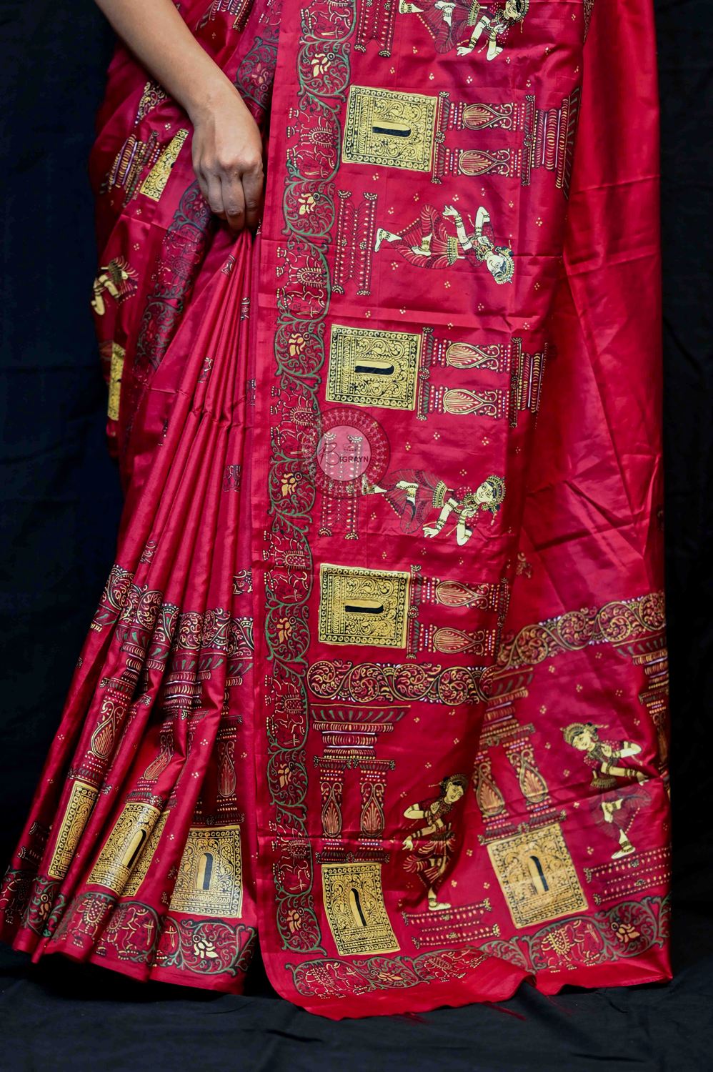 Maroon Golden Dancers Pattachitra Pure Silk Saree