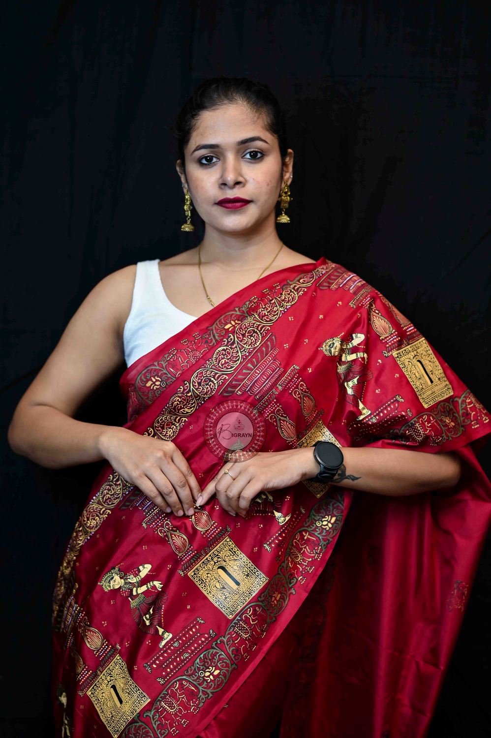 Maroon Golden Dancers Pattachitra Pure Silk Saree