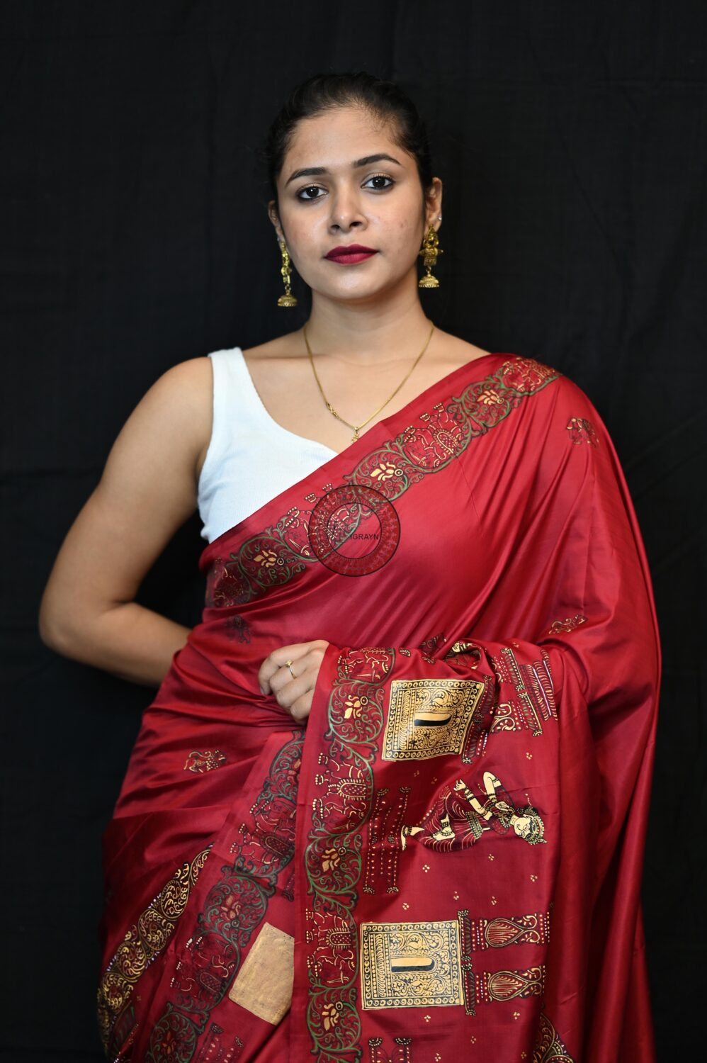 Maroon Golden Dancers Pattachitra Pure Silk Saree