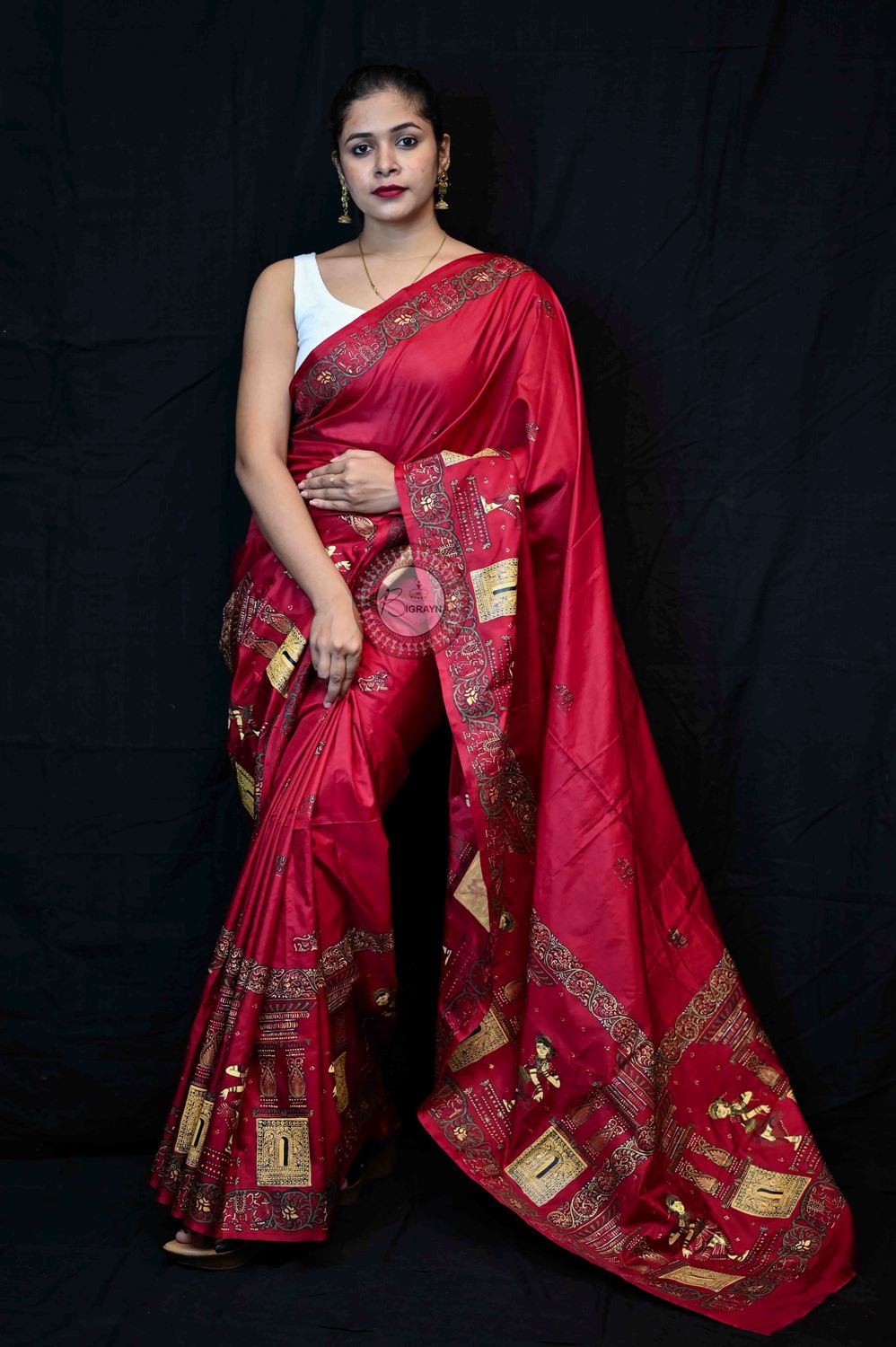 Maroon Golden Dancers Pattachitra Pure Silk Saree