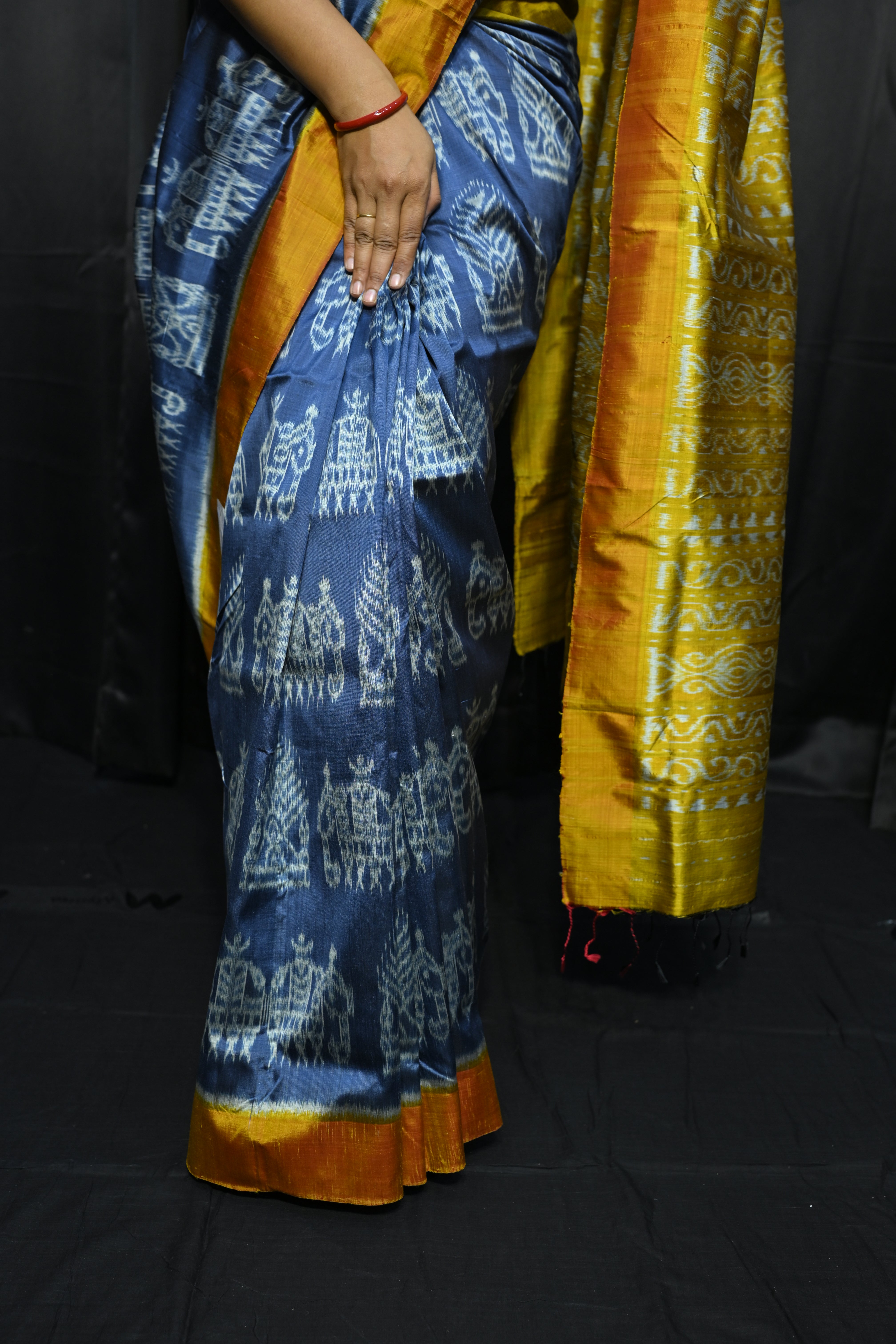 Teal Blue Yellow Elephant Design Mulberry Silk Saree