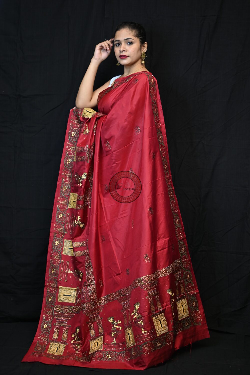 Maroon Golden Dancers Pattachitra Pure Silk Saree