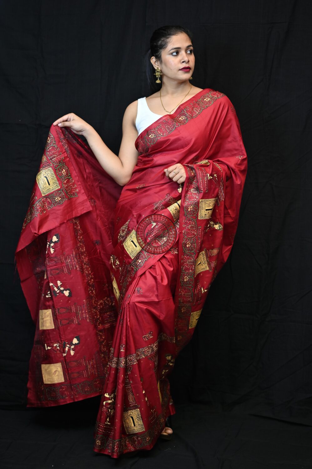 Maroon Golden Dancers Pattachitra Pure Silk Saree