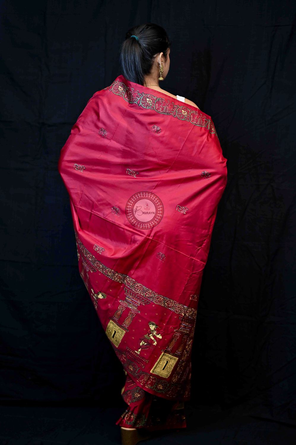 Maroon Golden Dancers Pattachitra Pure Silk Saree