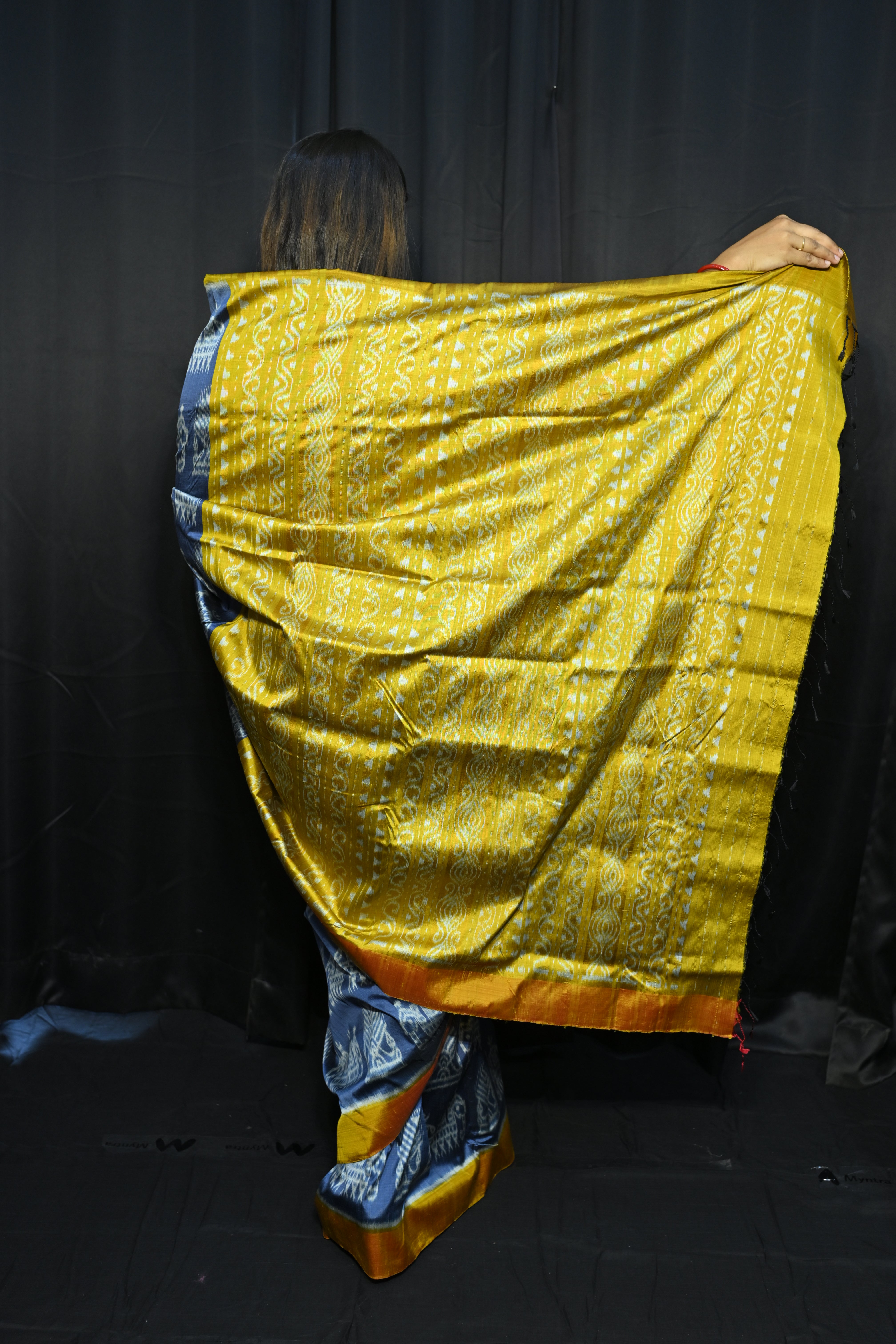 Teal Blue Yellow Elephant Design Mulberry Silk Saree