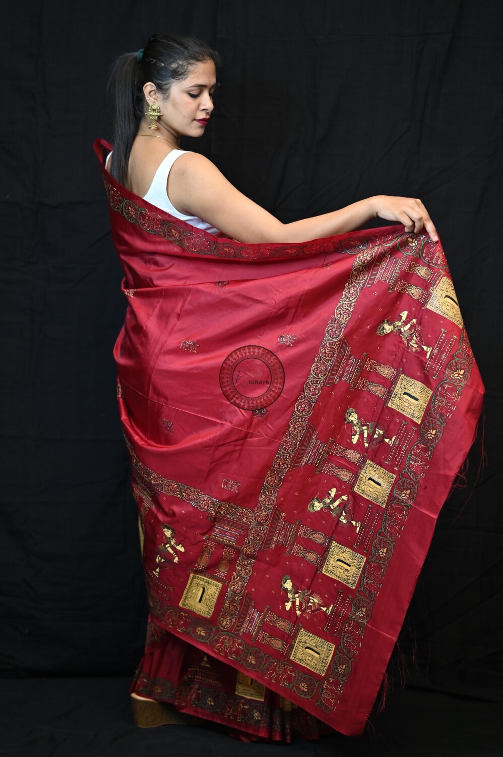 Maroon Golden Dancers Pattachitra Pure Silk Saree