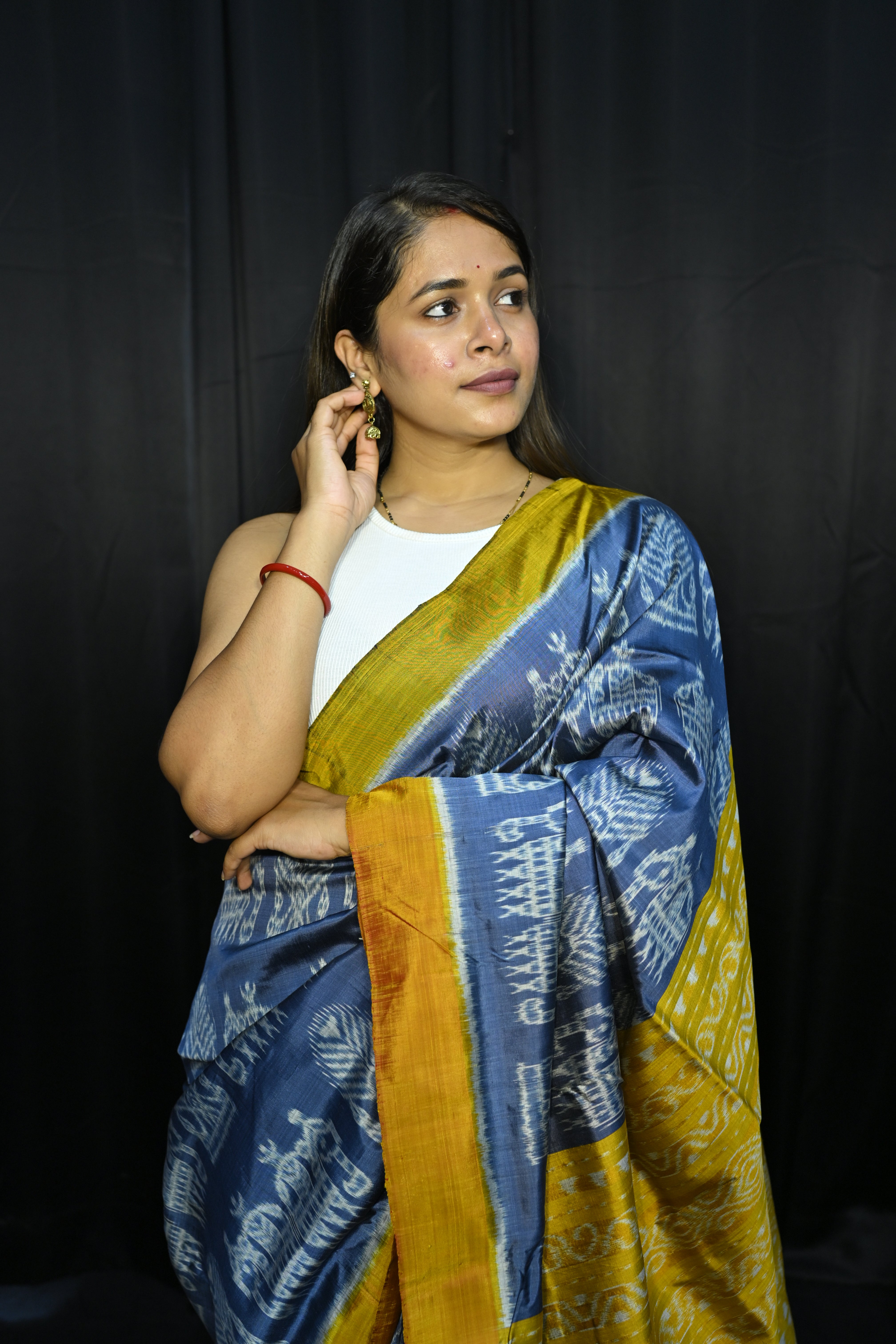 Teal Blue Yellow Elephant Design Mulberry Silk Saree