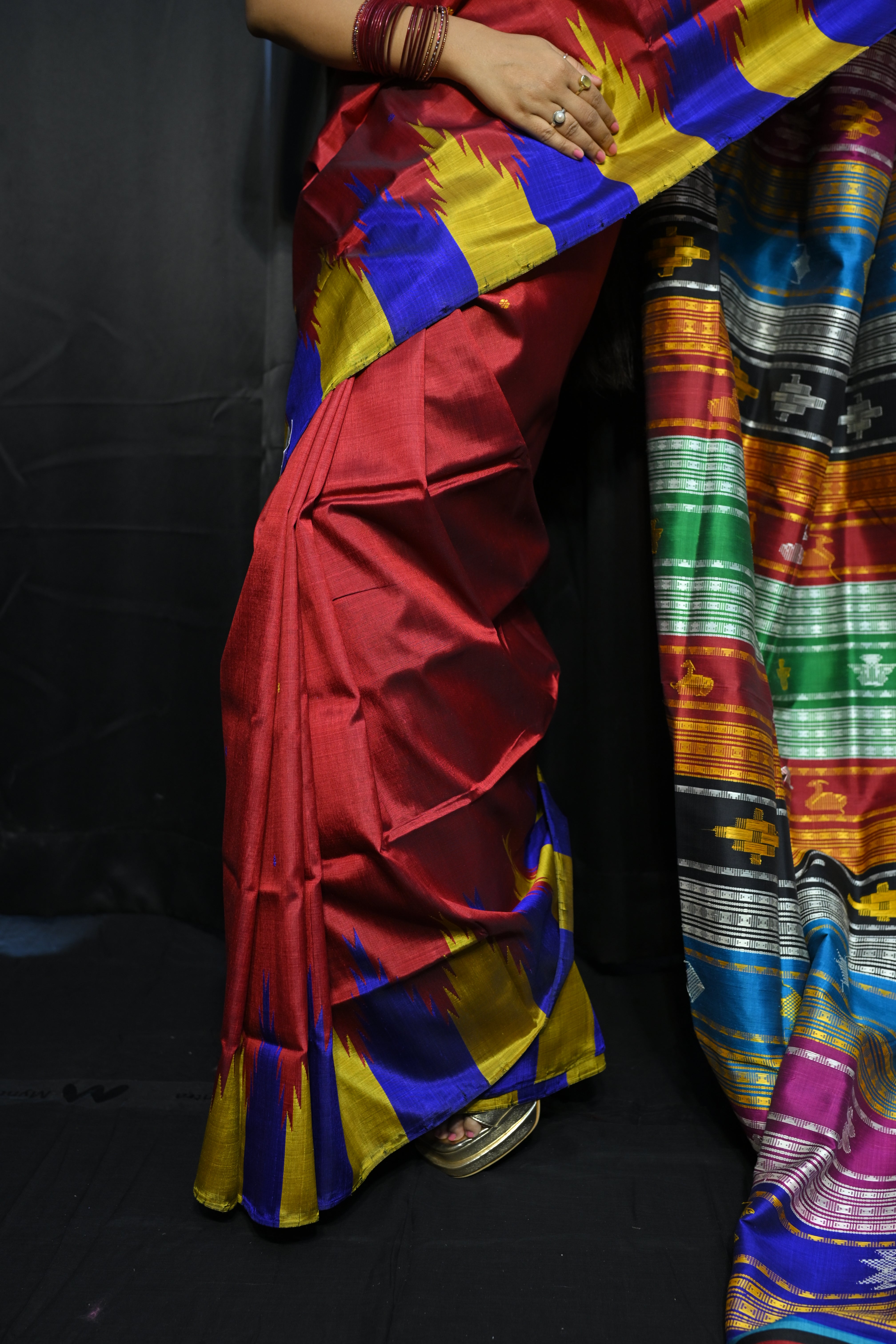 Red Multi Colour Kumbha Double Anchal Berhampuri Silk Saree