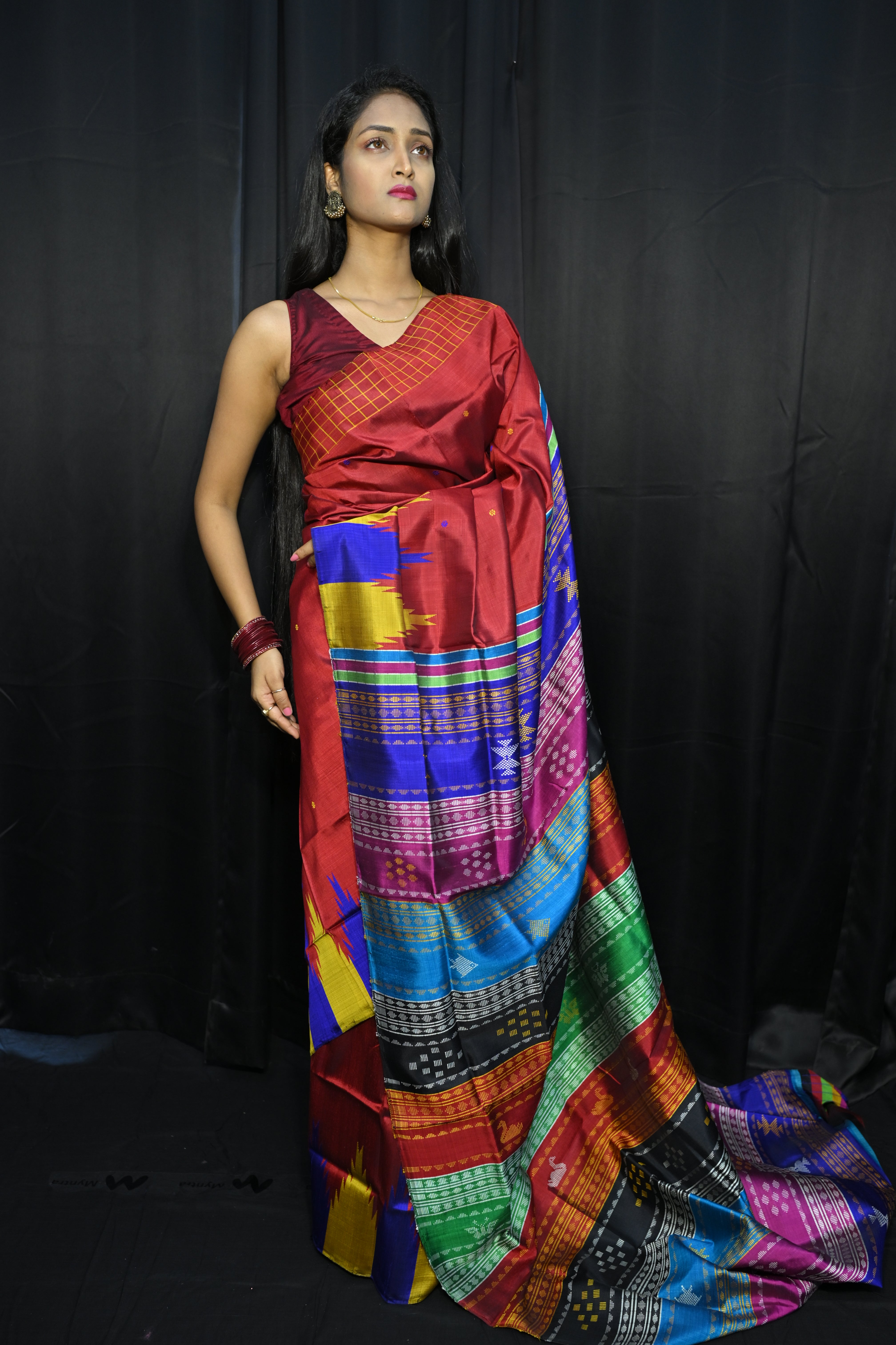 Red Multi Colour Kumbha Double Anchal Berhampuri Silk Saree