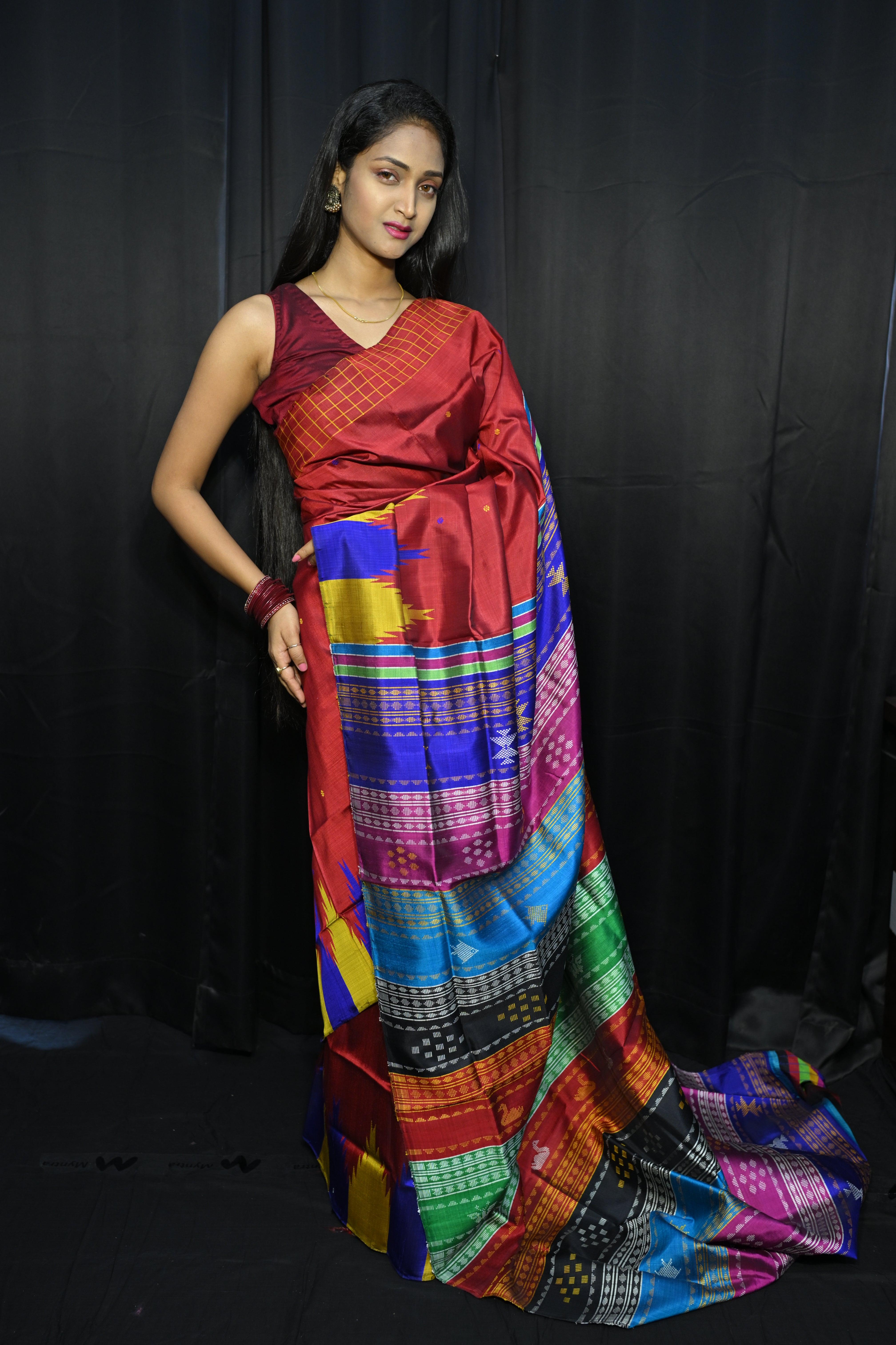 Red Multi Colour Kumbha Double Anchal Berhampuri Silk Saree