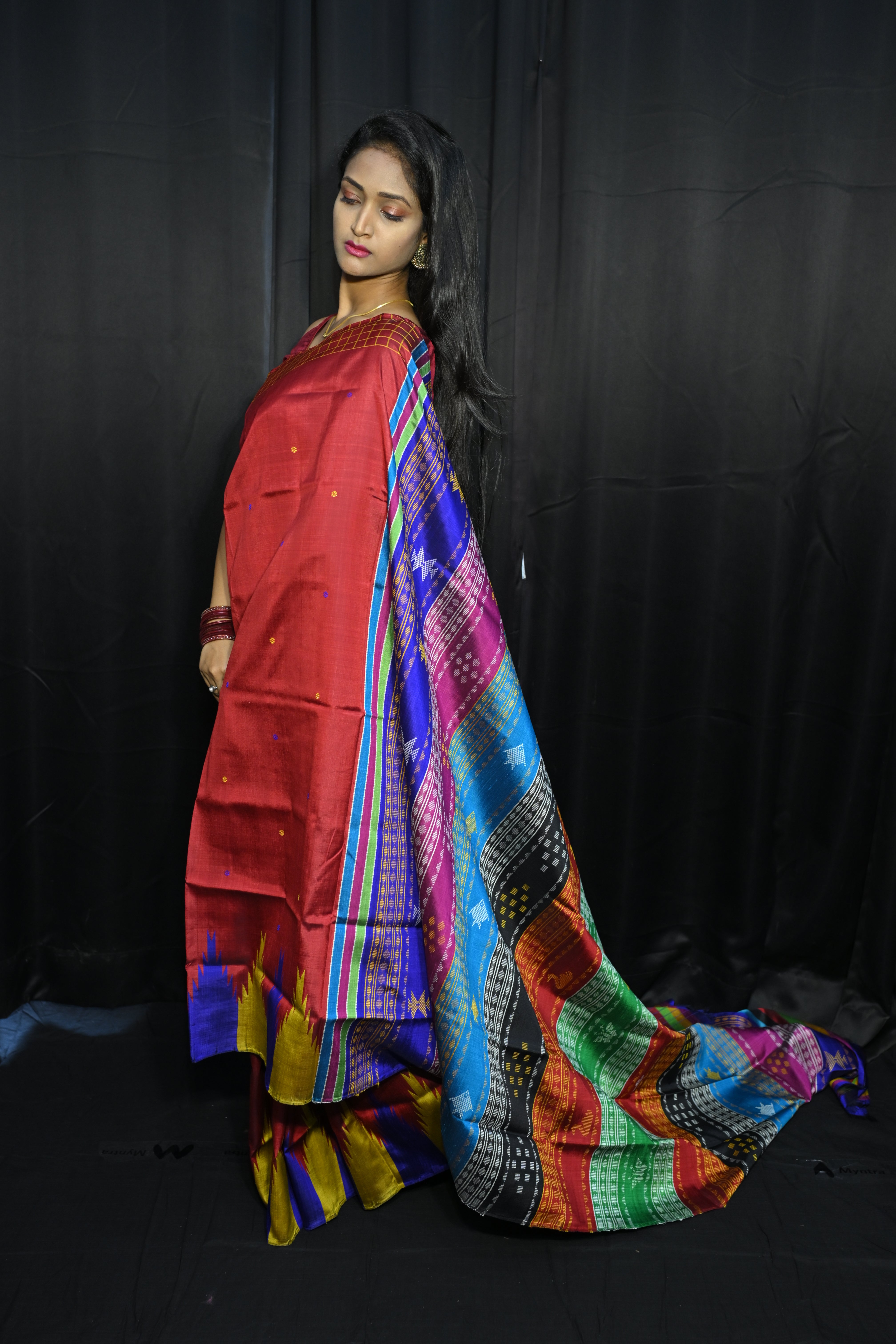Red Multi Colour Kumbha Double Anchal Berhampuri Silk Saree