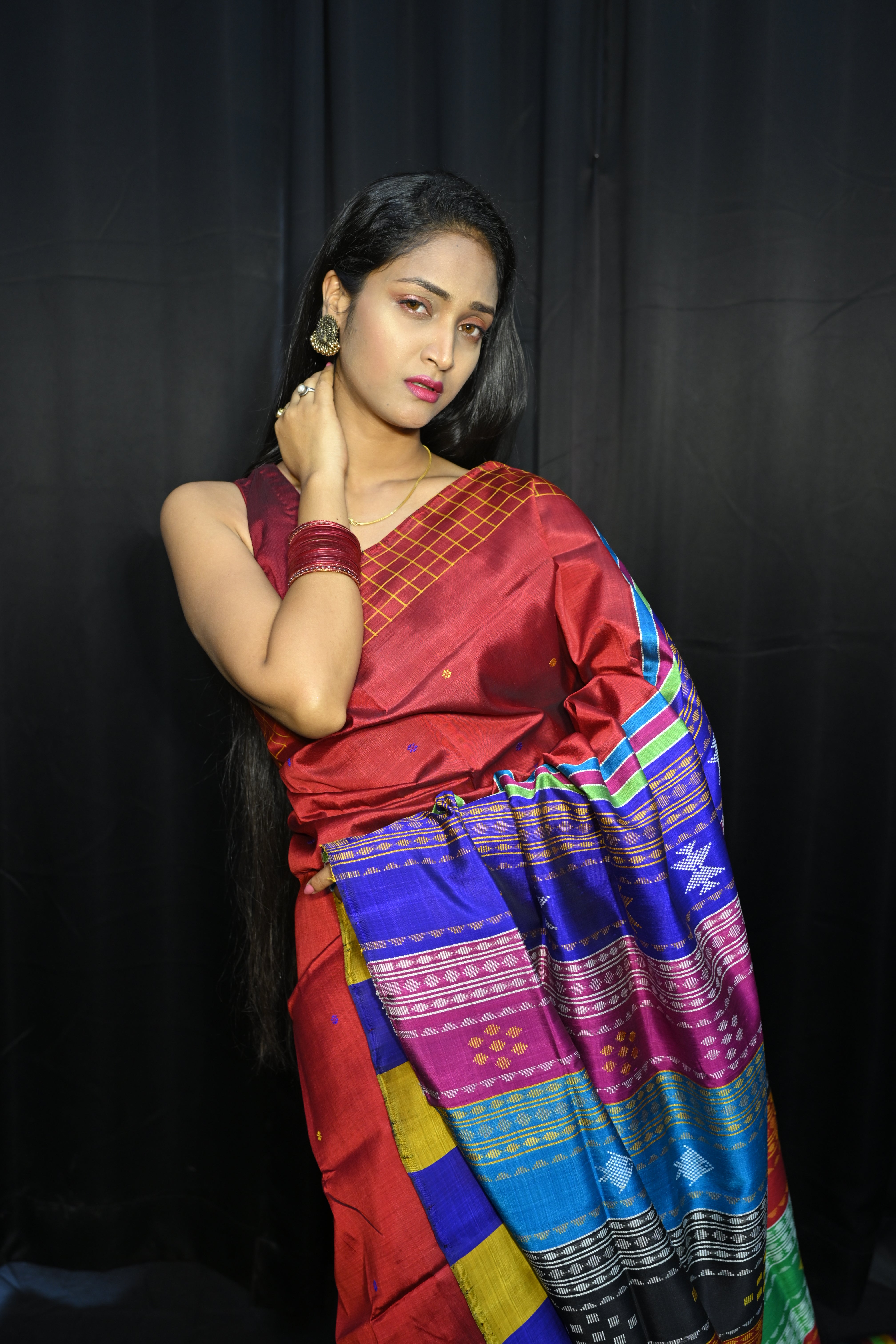 Red Multi Colour Kumbha Double Anchal Berhampuri Silk Saree