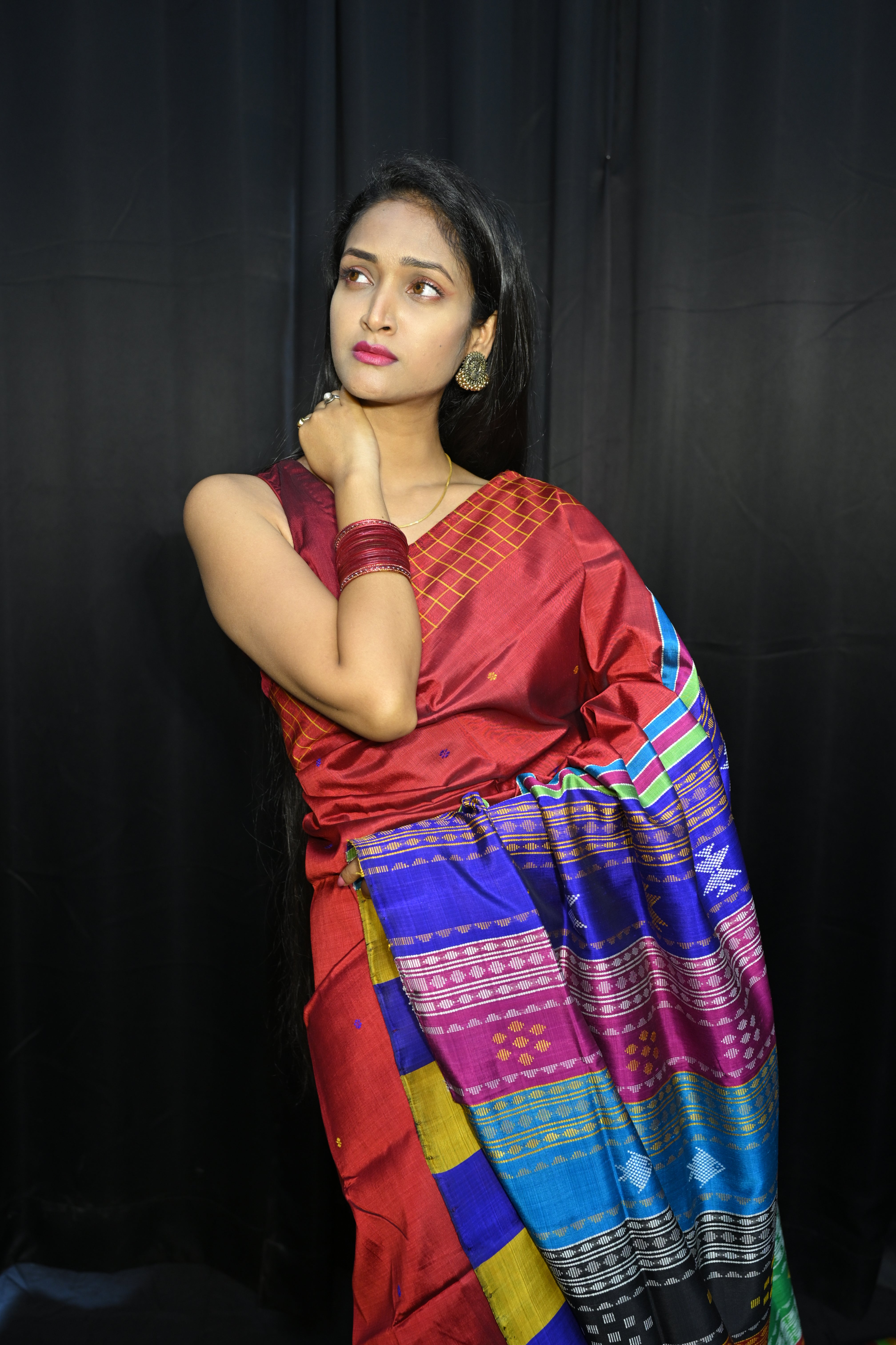 Red Multi Colour Kumbha Double Anchal Berhampuri Silk Saree