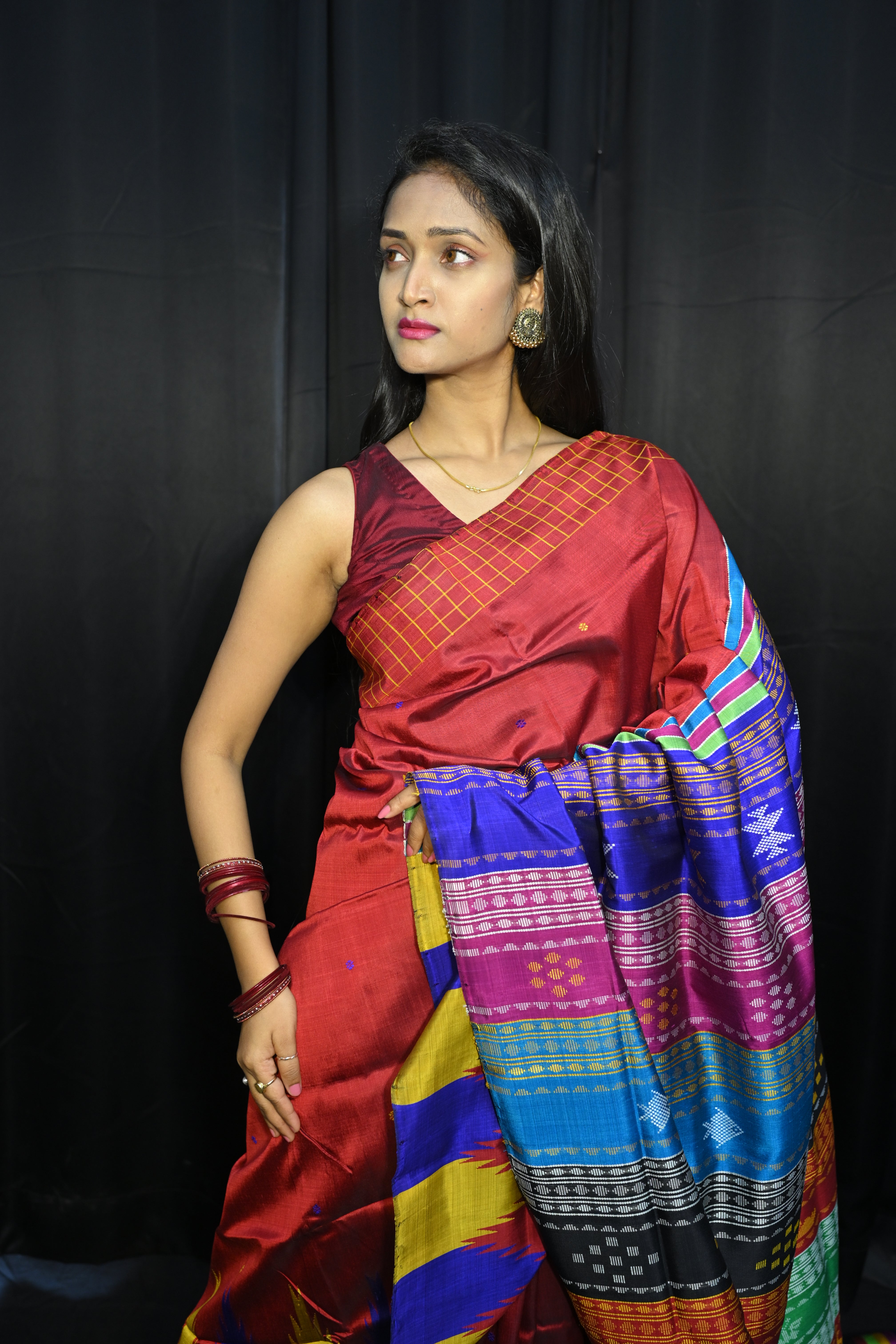 Red Multi Colour Kumbha Double Anchal Berhampuri Silk Saree