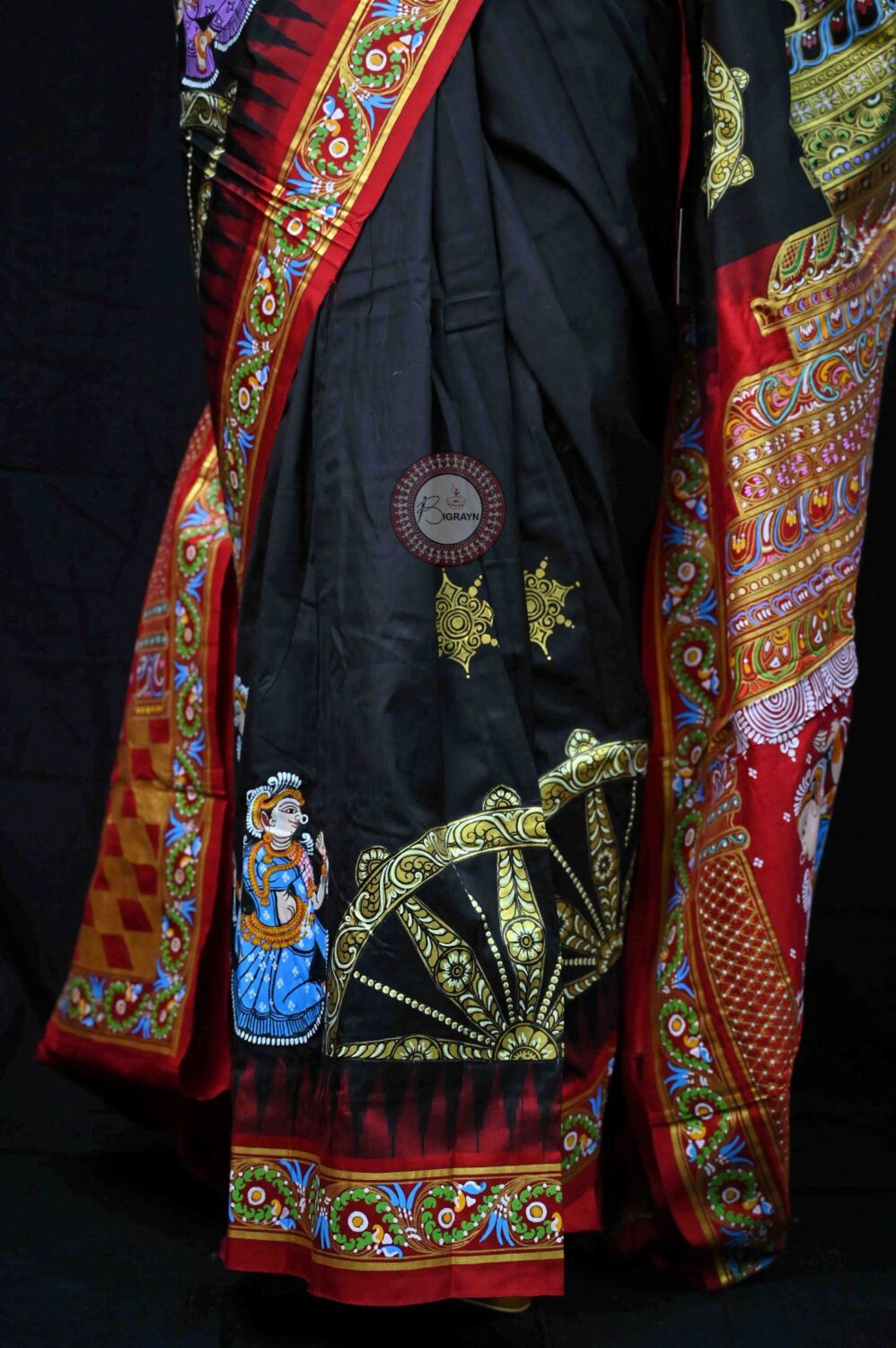 Black Red Konark Temple Nartakis Pattachitra Silk Saree
