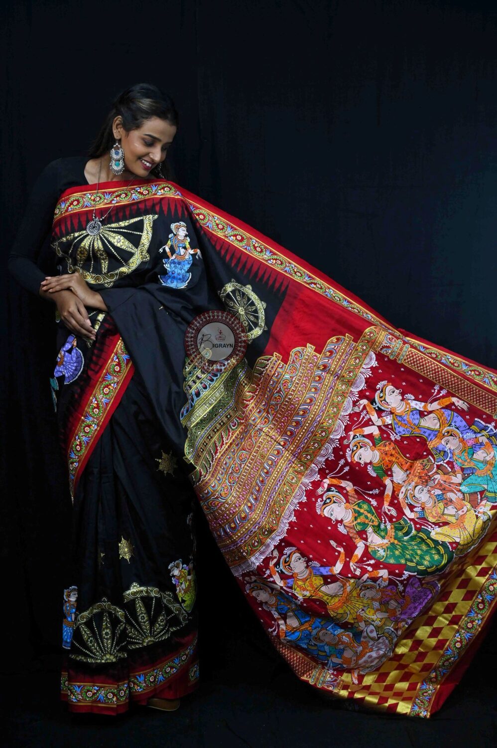 Black Red Konark Temple Nartakis Pattachitra Silk Saree