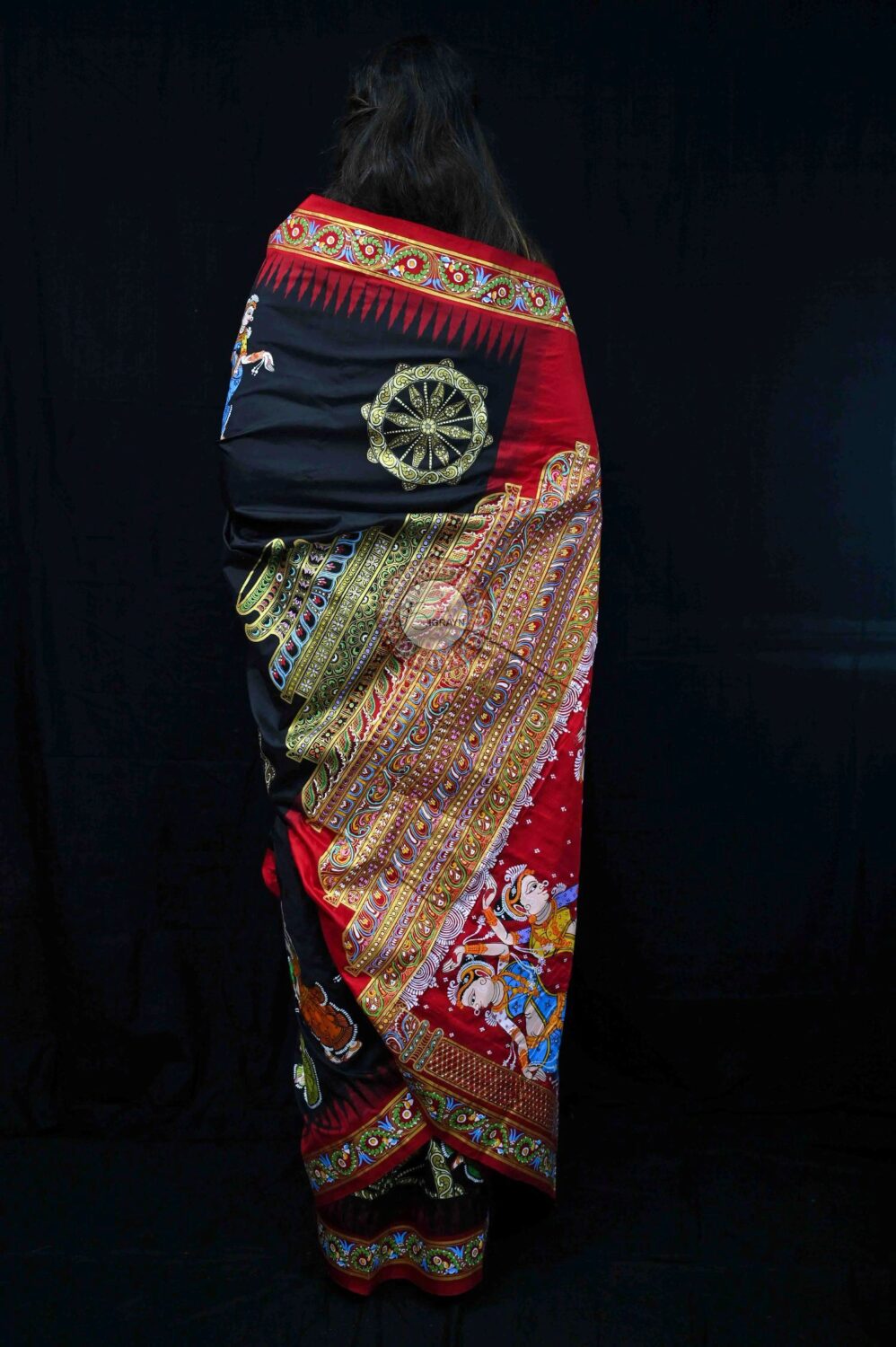 Black Red Konark Temple Nartakis Pattachitra Silk Saree