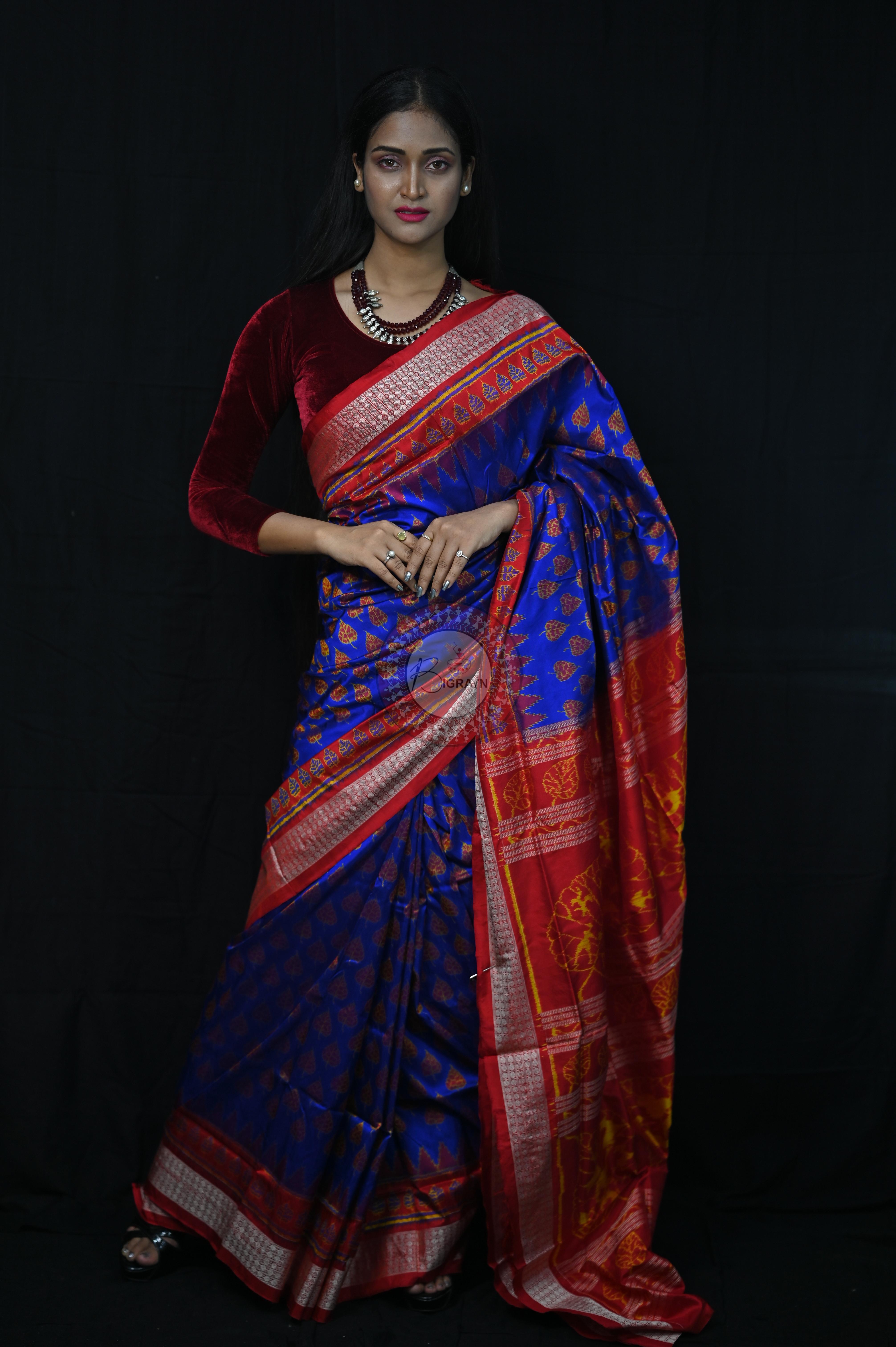 Blue Red Peepal Leaves Sambalpuri Silk Saree