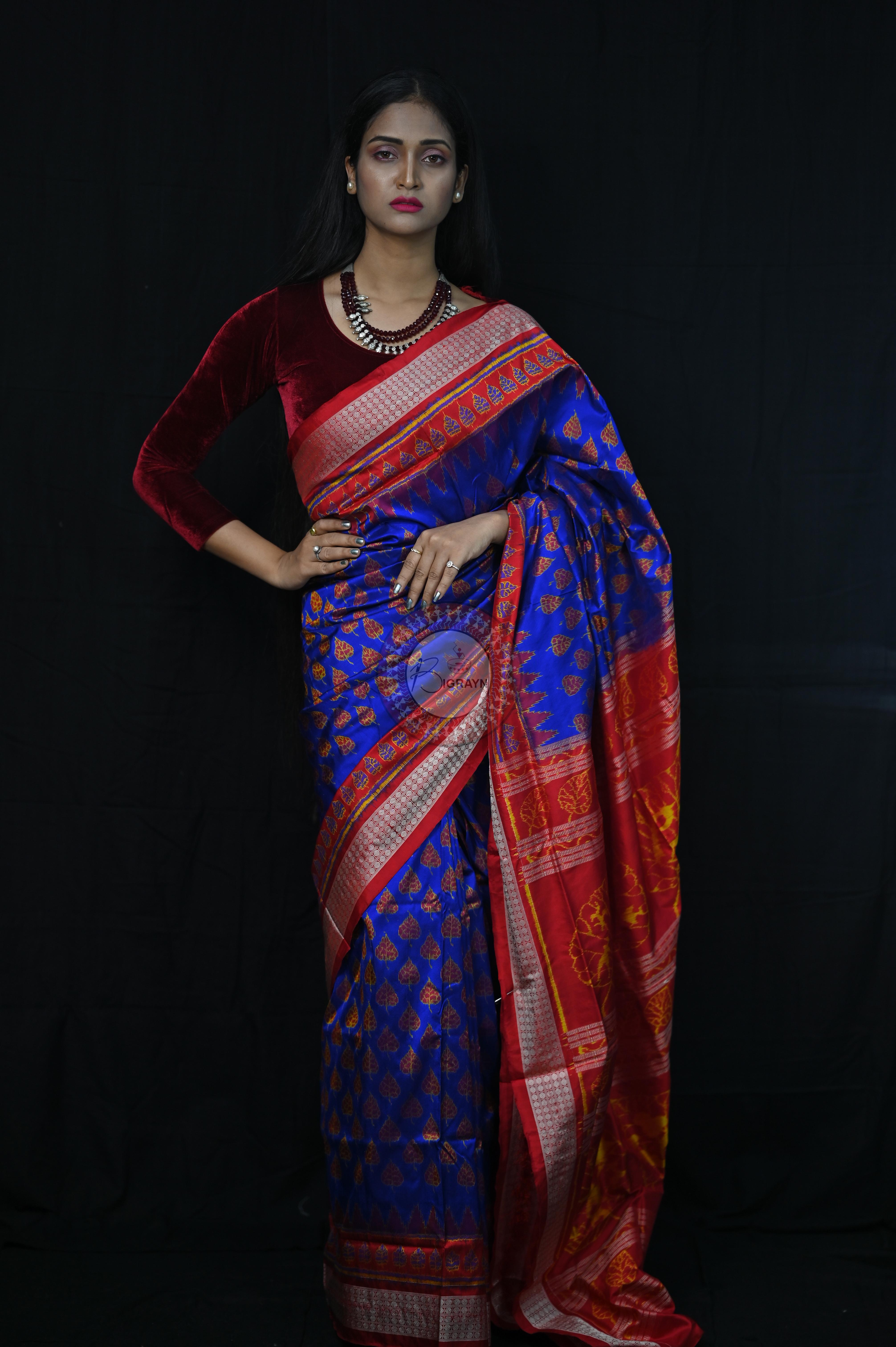 Blue Red Peepal Leaves Sambalpuri Silk Saree