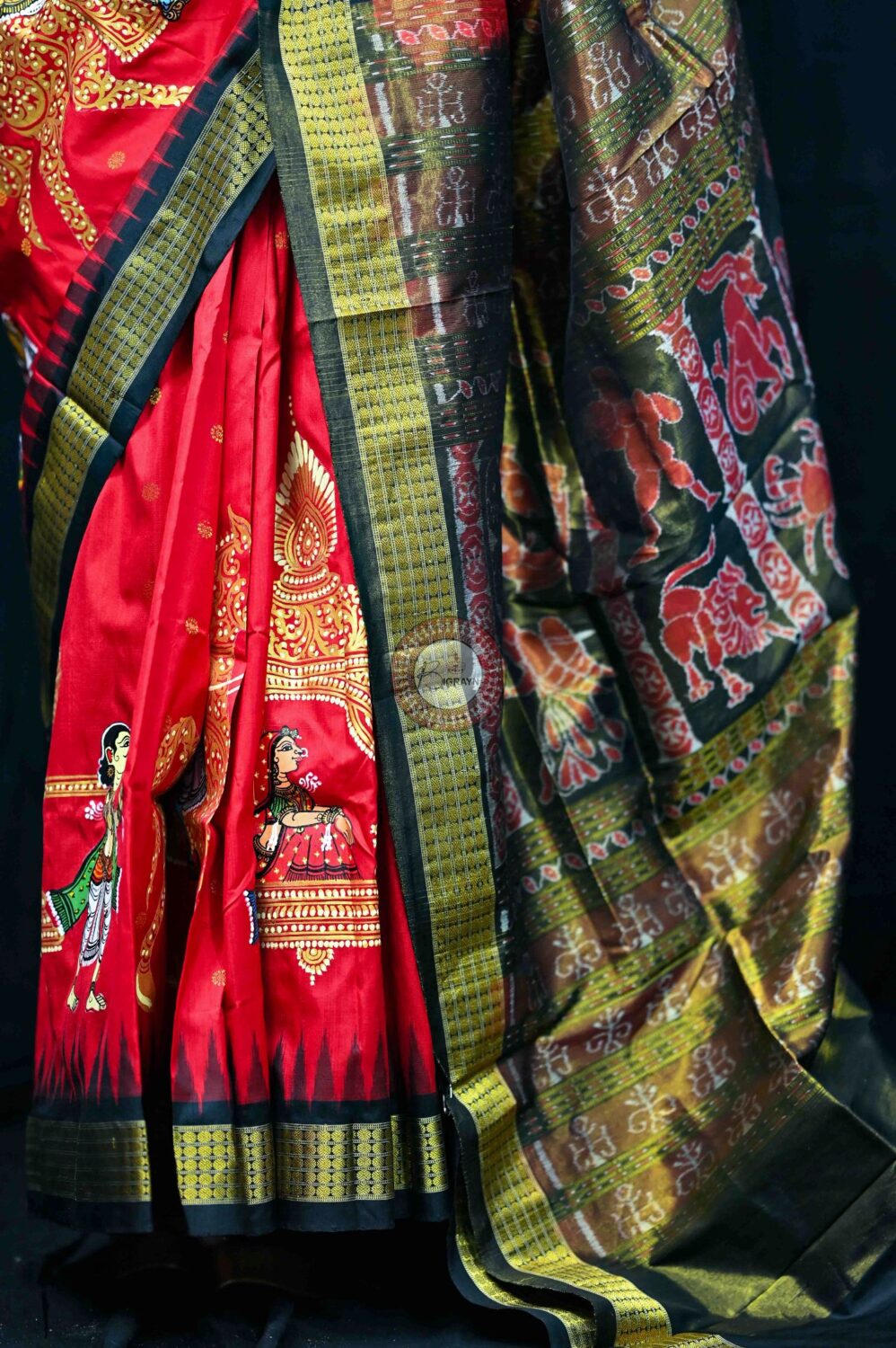 Red Black Palki Theme Pattachitra Silk Saree