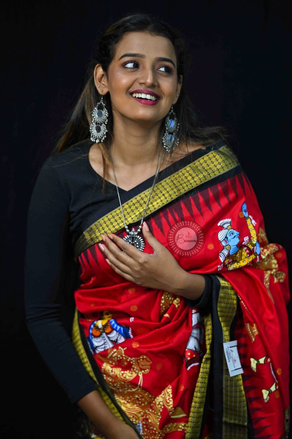 Red Black Palki Theme Pattachitra Silk Saree