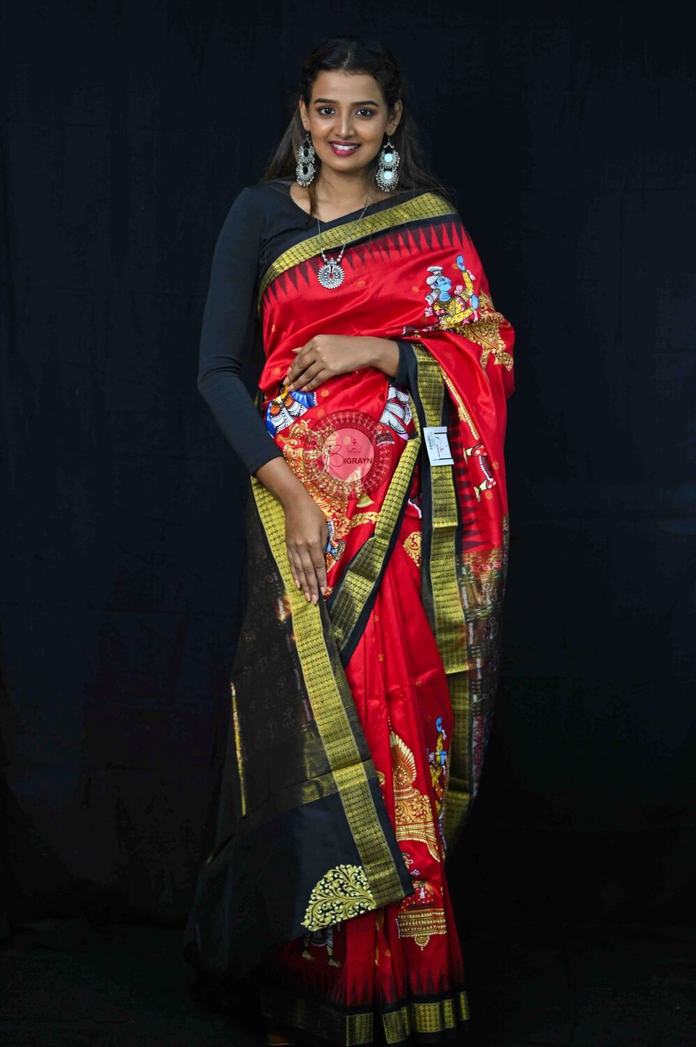 Red Black Palki Theme Pattachitra Silk Saree
