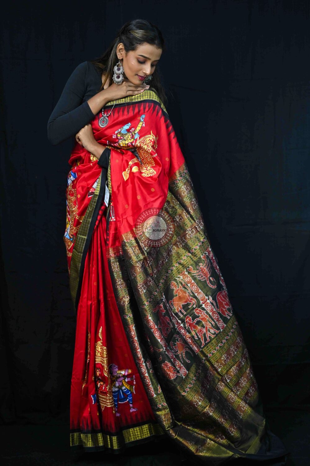 Red Black Palki Theme Pattachitra Silk Saree
