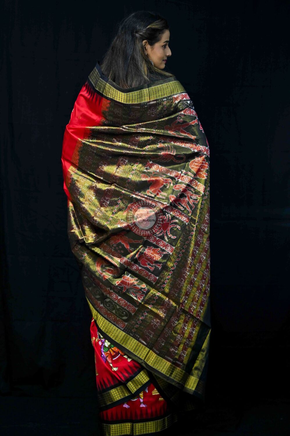 Red Black Palki Theme Pattachitra Silk Saree