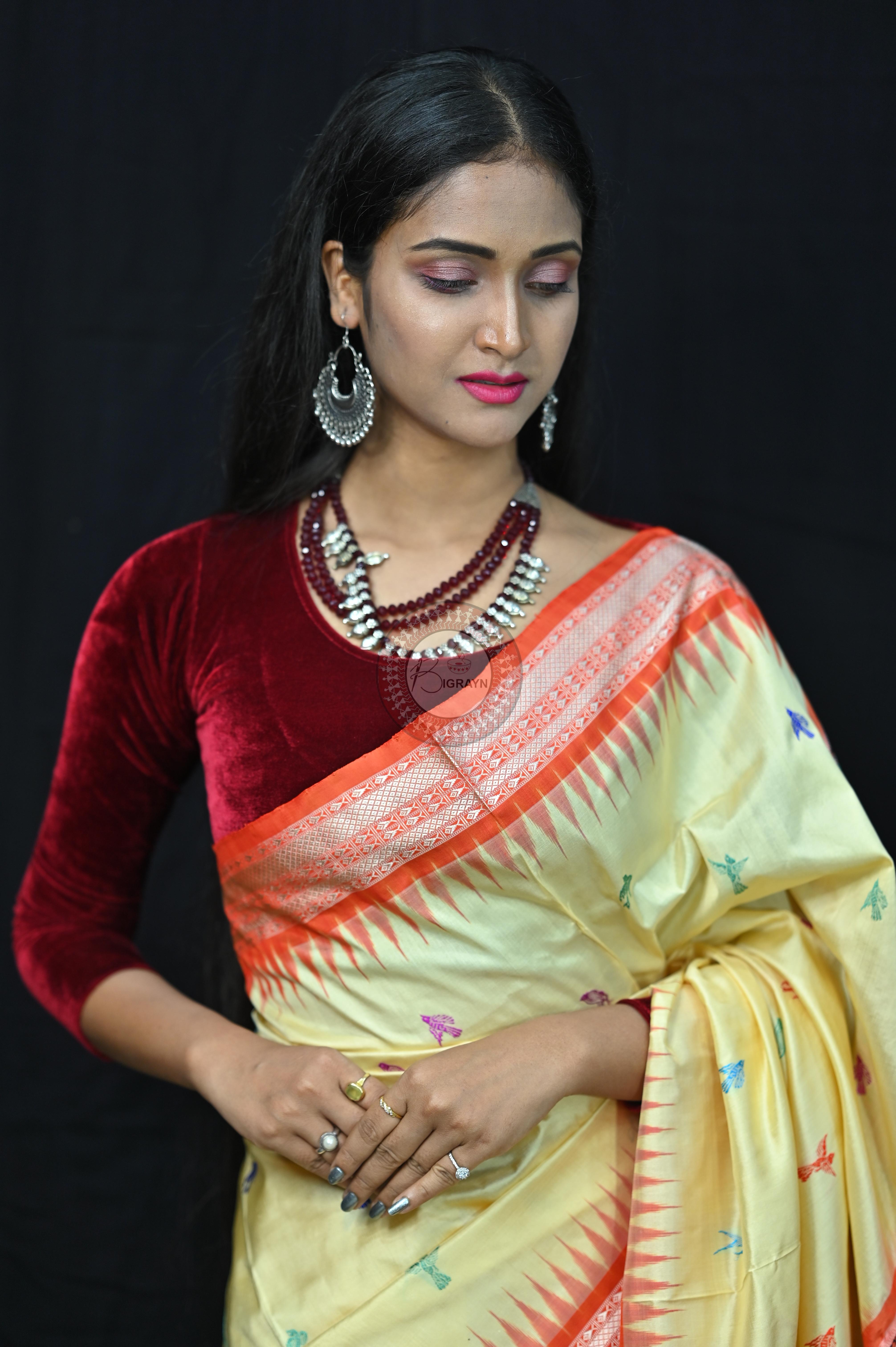 Cream Orange Animal Planet Bomkai Silk Saree