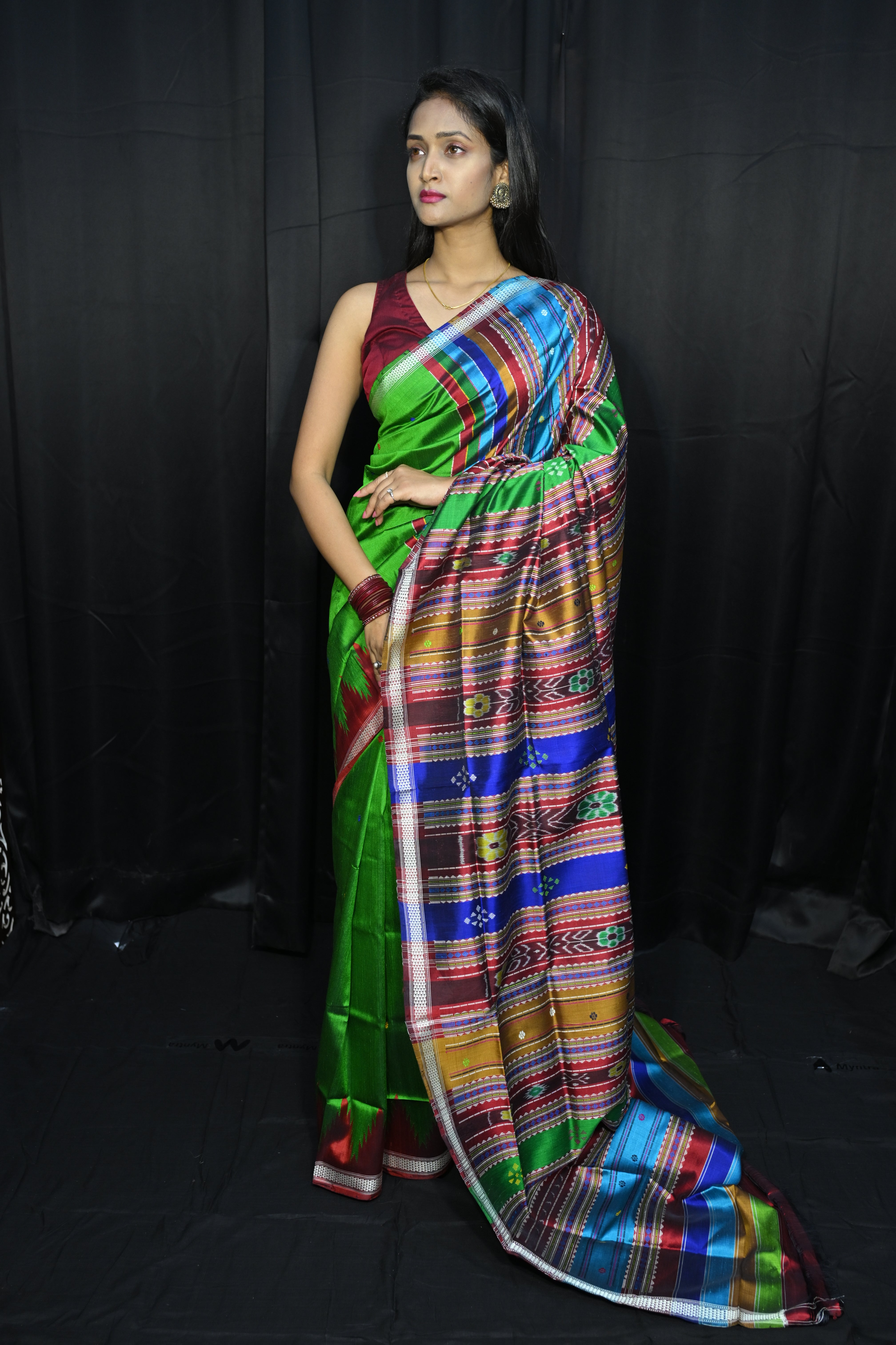 Green Red Multi Colour Kumbha Double Anchal Berhampuri Silk Saree