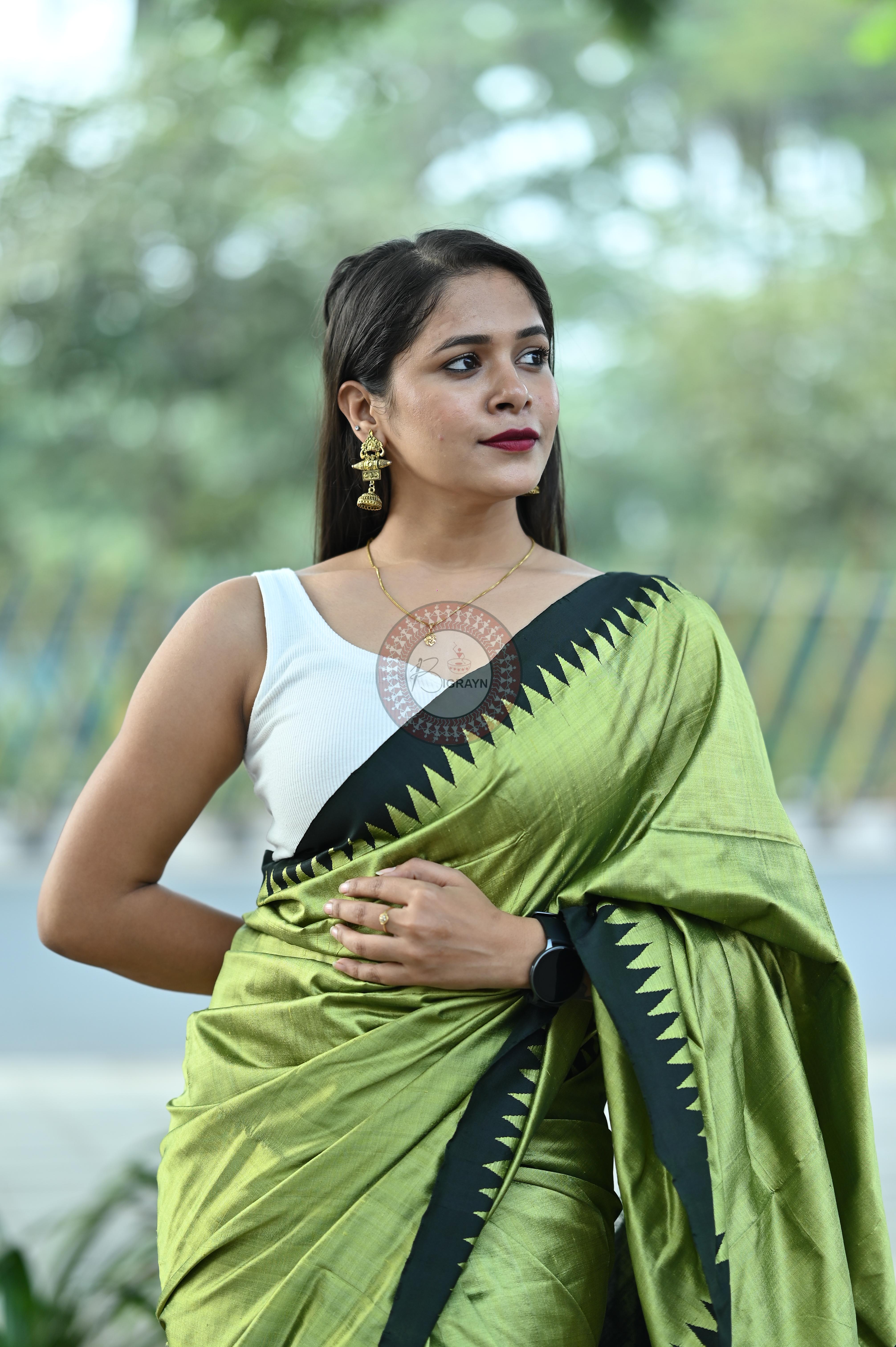 Mehendi Green Black Phoda Kumbha Tussar Saree