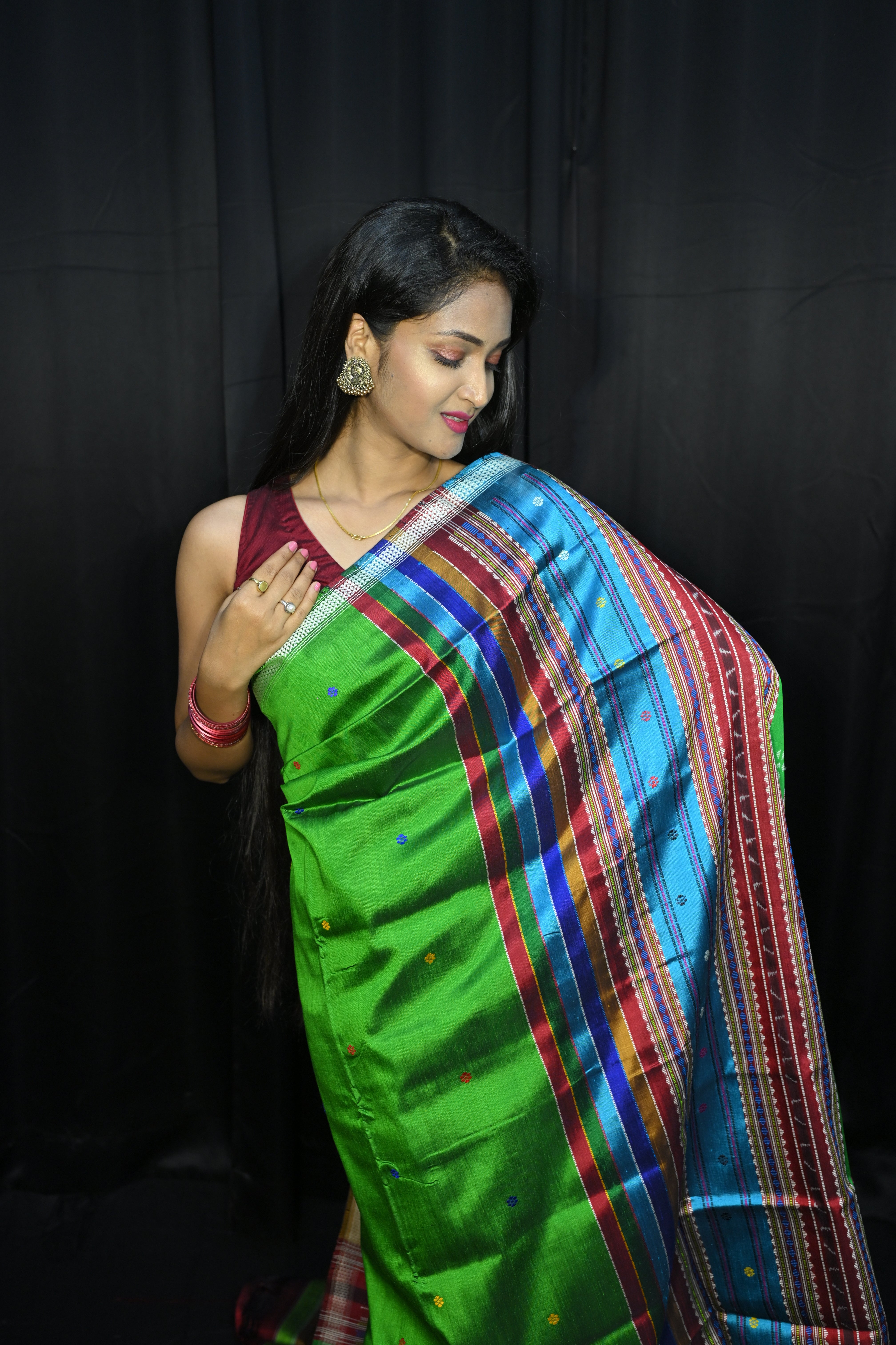 Green Red Multi Colour Kumbha Double Anchal Berhampuri Silk Saree