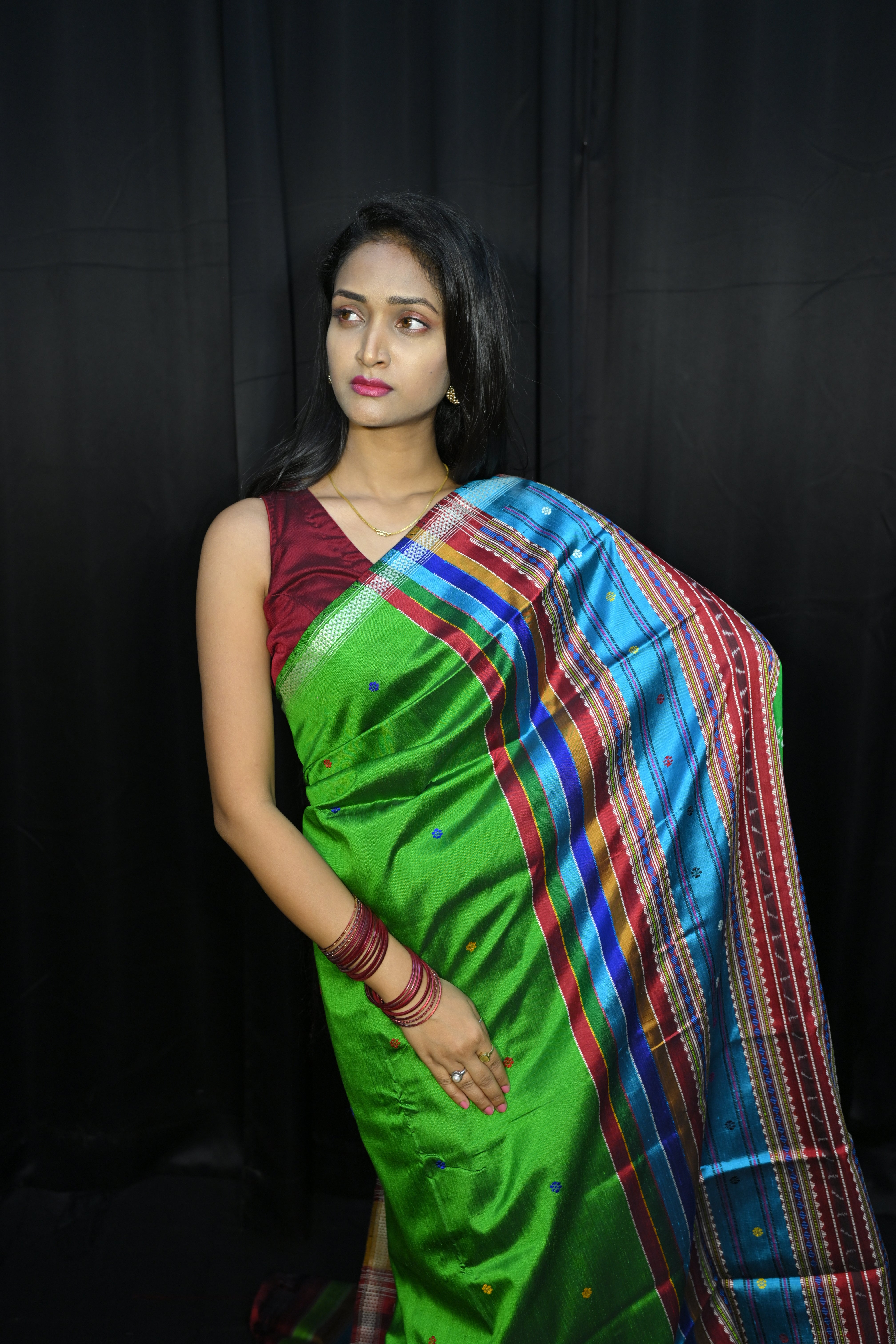 Green Red Multi Colour Kumbha Double Anchal Berhampuri Silk Saree