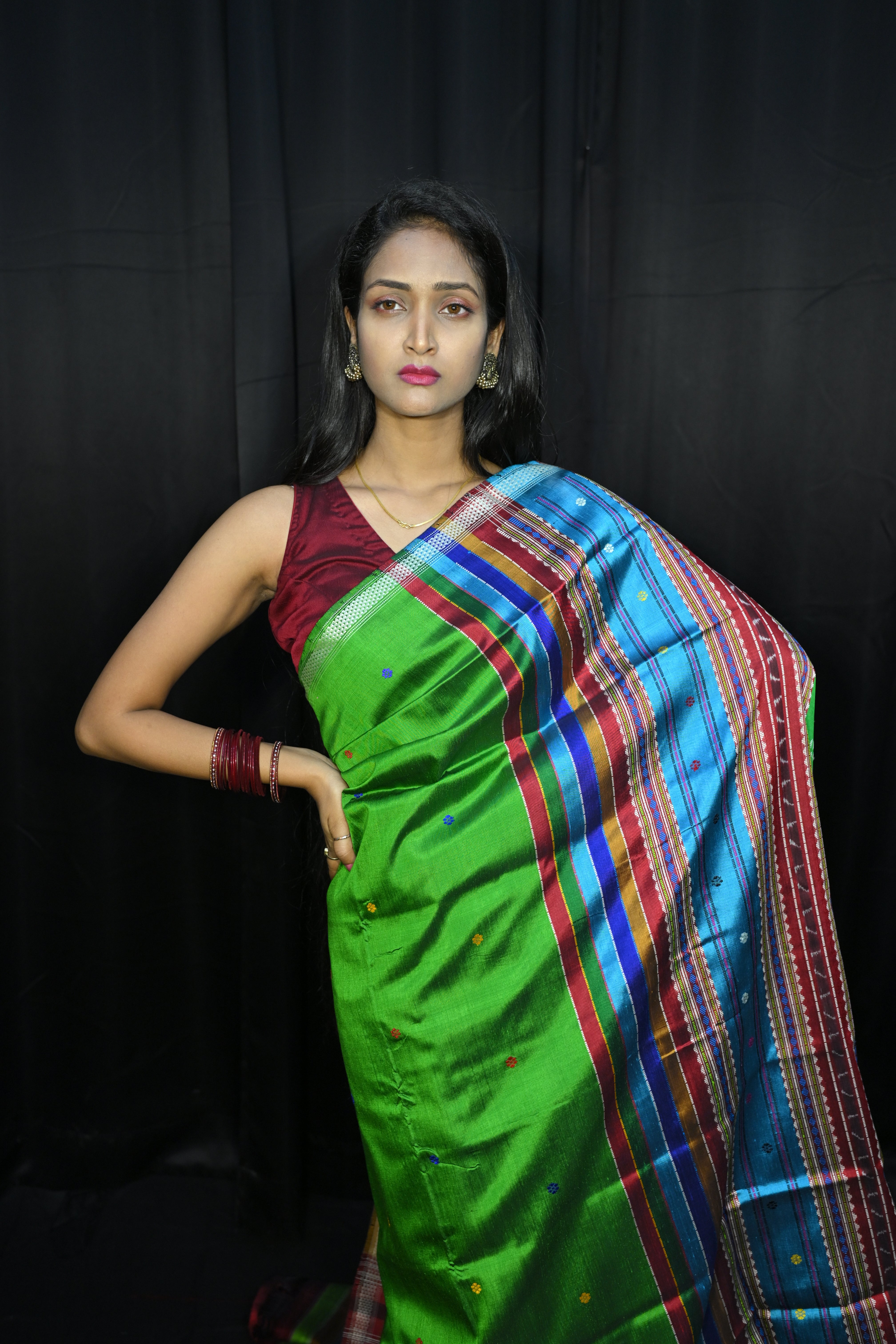 Green Red Multi Colour Kumbha Double Anchal Berhampuri Silk Saree
